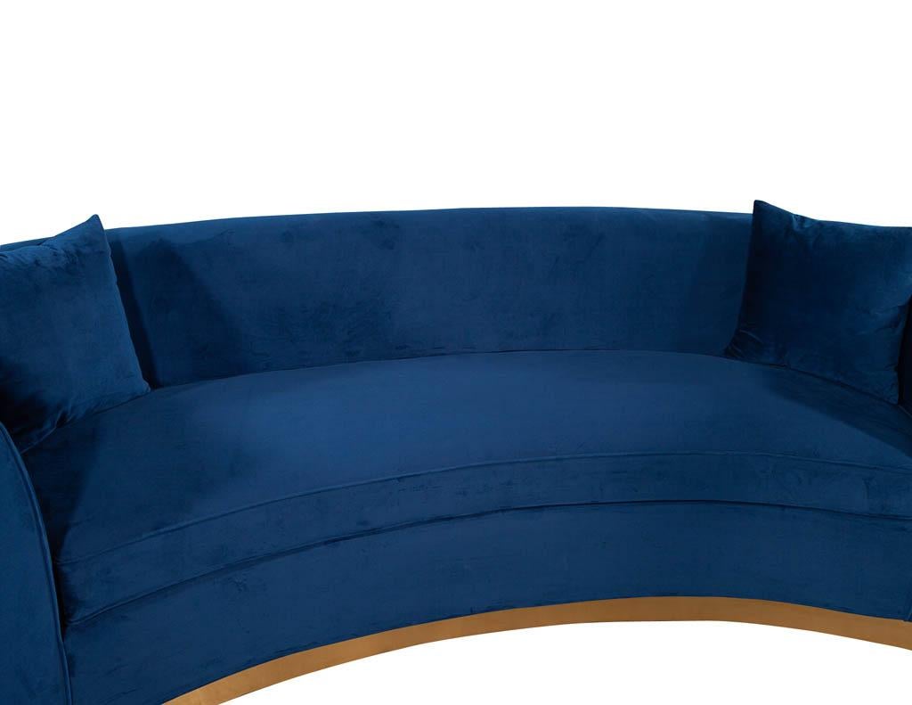 Modern Italian Blue Velvet Curved Sofa with Brass Base