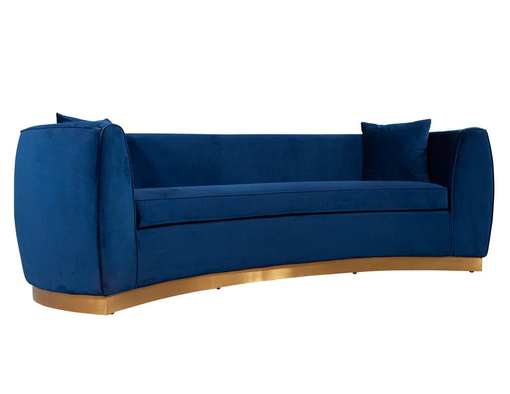 American Italian Blue Velvet Curved Sofa with Brass Base