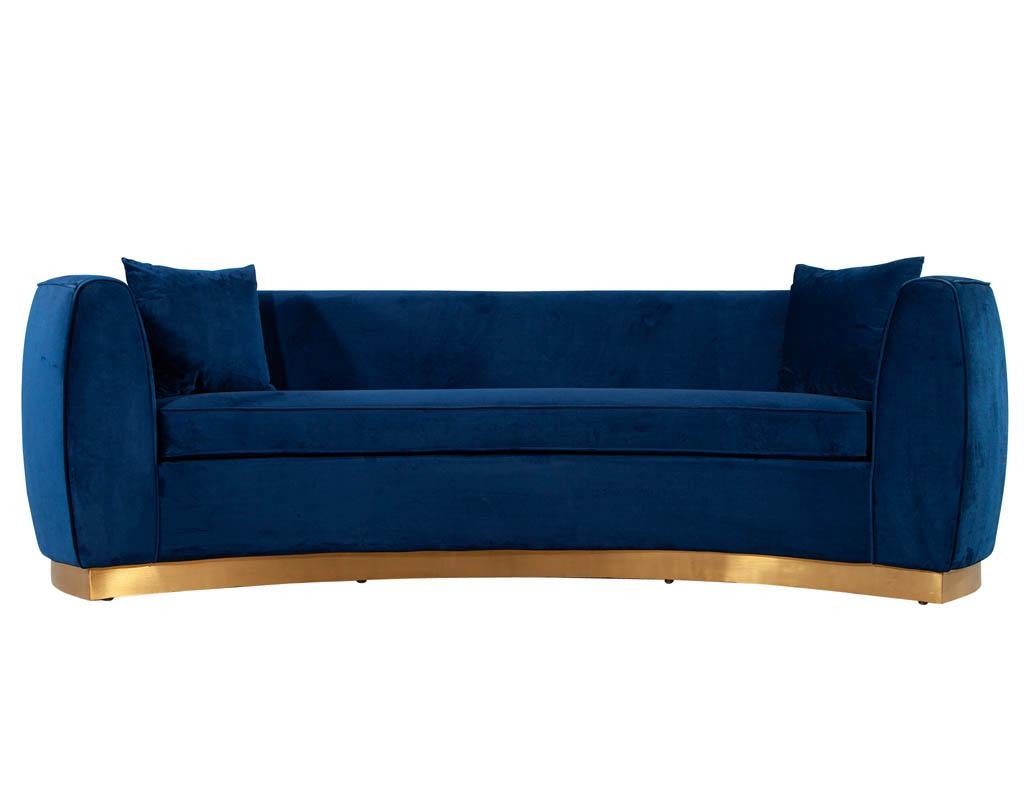 Italian Blue Velvet Curved Sofa with Brass Base In Good Condition In North York, ON