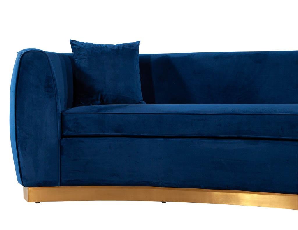 Contemporary Italian Blue Velvet Curved Sofa with Brass Base