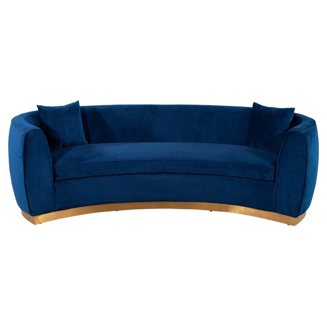 Italian Blue Velvet Curved Sofa with Brass Base