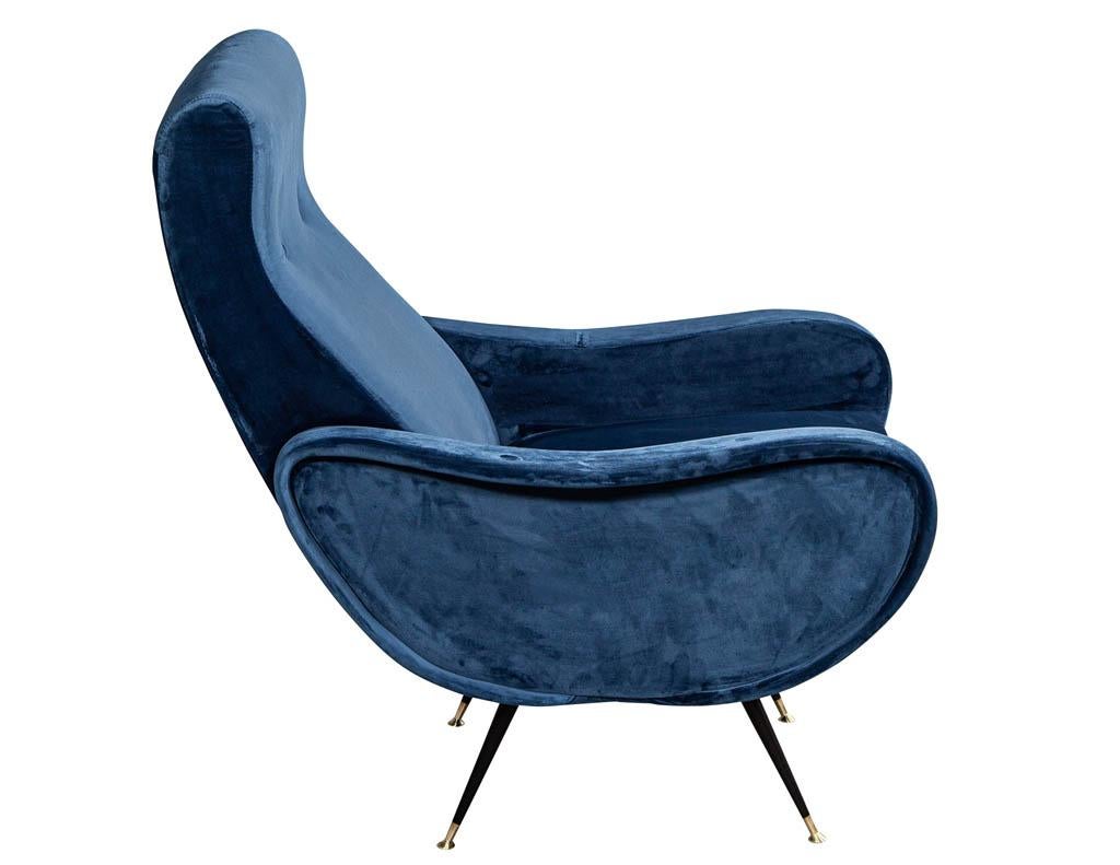 Mid-Century Modern Italian Blue Velvet Lounge Chair Attributed to Zanuso Style
