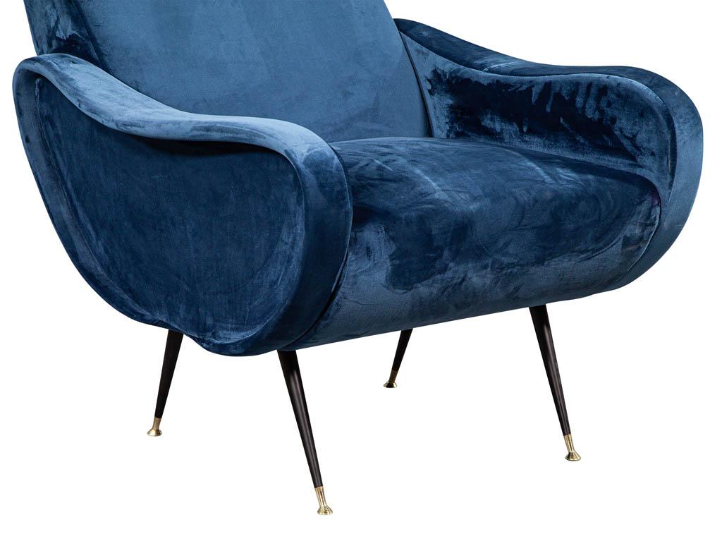 Late 20th Century Italian Blue Velvet Lounge Chair Attributed to Zanuso Style