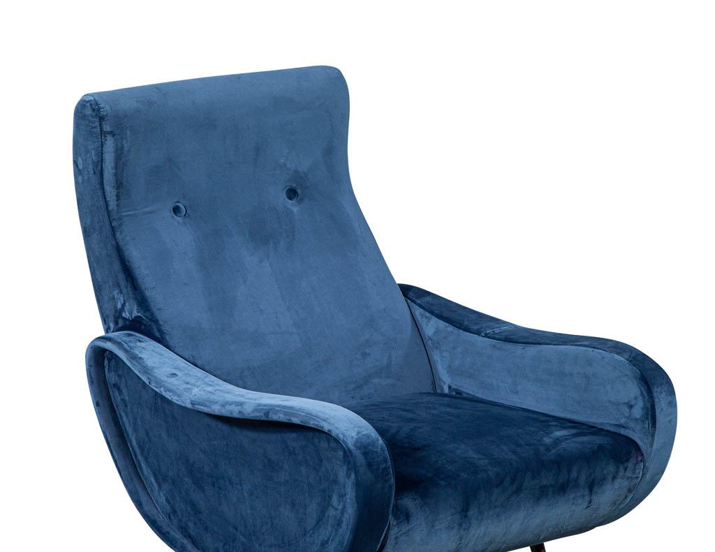 Metal Italian Blue Velvet Lounge Chair Attributed to Zanuso Style