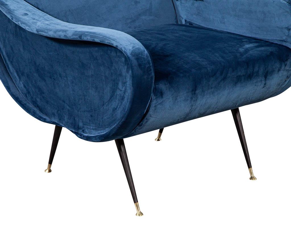 Italian Blue Velvet Lounge Chair Attributed to Zanuso Style 1