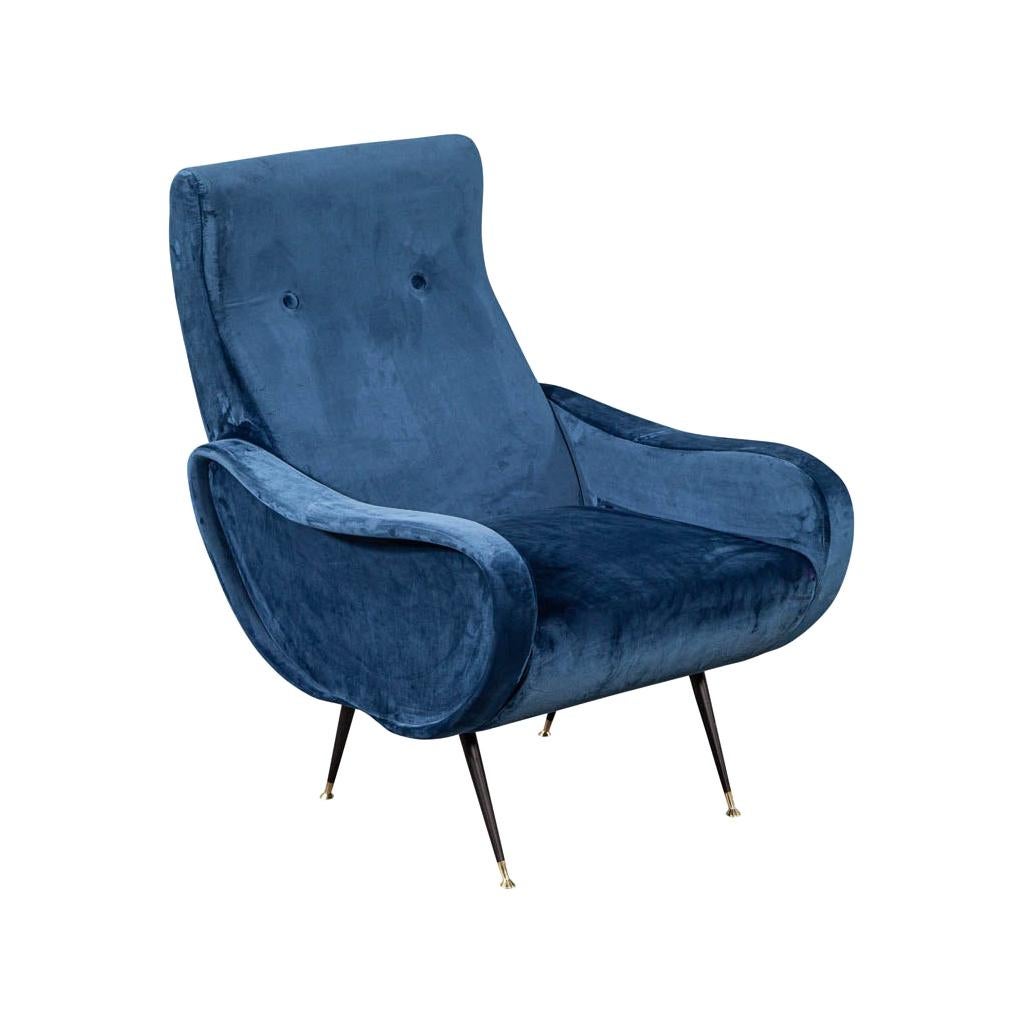 Italian Blue Velvet Lounge Chair Attributed to Zanuso Style