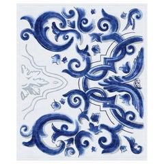 Italian Blue White Pattern Hand Knotted Wool Silk Rug - Biancafiore, in Stock