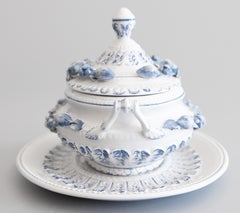 Italian Blue & White Porcelain Fruit Lidded Sauce Gravy Tureen & Underplate