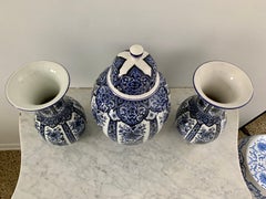 Italian Blue & White Porcelain Vases and Jar Garniture, Set of 3