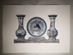 Italian Blue Grey and White Hand Painted Japanese Satsuma Vases and Plate Print