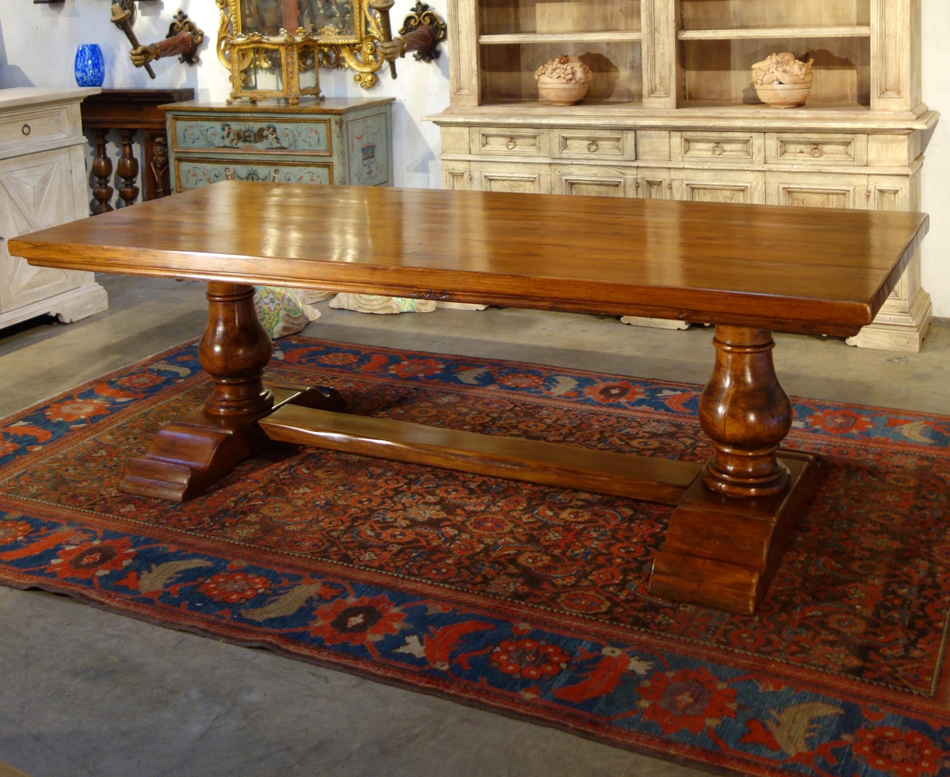 Contemporary 18th C Style BOCCI Solid Italian Walnut Trestle Dining Table In-Stock For Sale