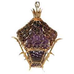 Italian Bohemian Chic' Caged Purple Glass and Gold Pendant Swag Lamp
