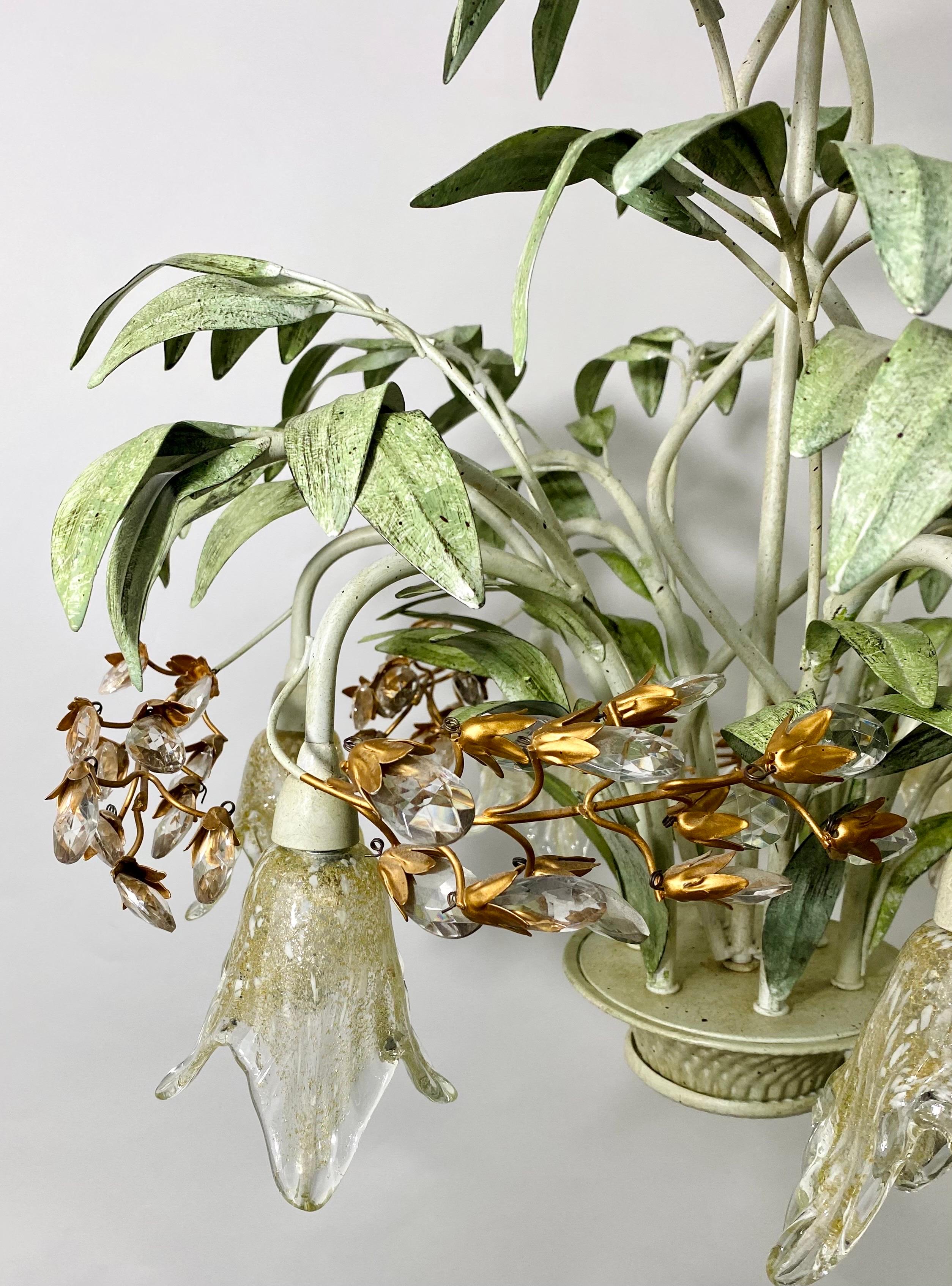 Italian Bohemian Tole Leaf Design Chandelier with Blown Glass Tulip Shades 6