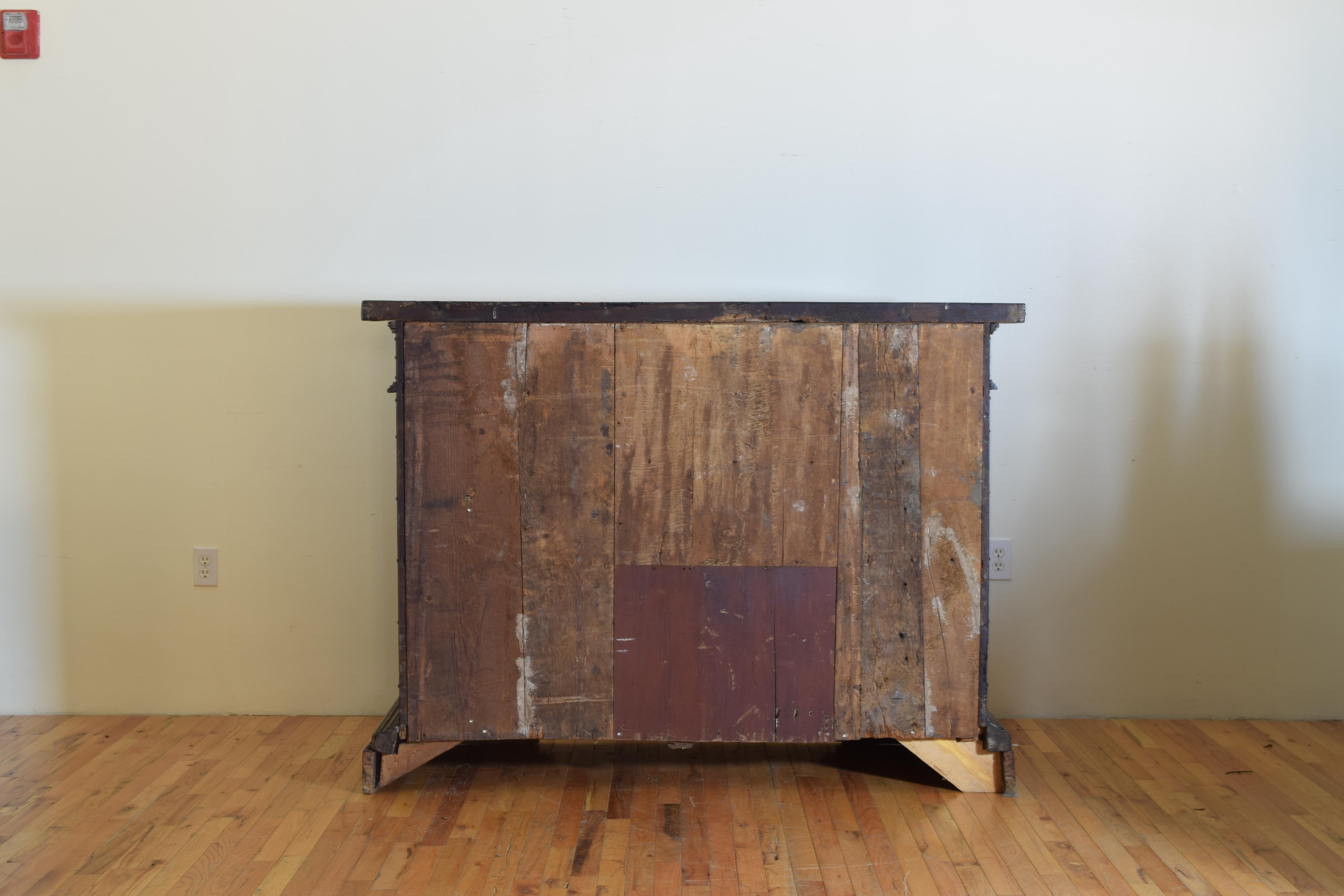 Mid-17th Century Italian Bologna, Baroque Period Walnut and Brass Decorated Credenza 17th Century