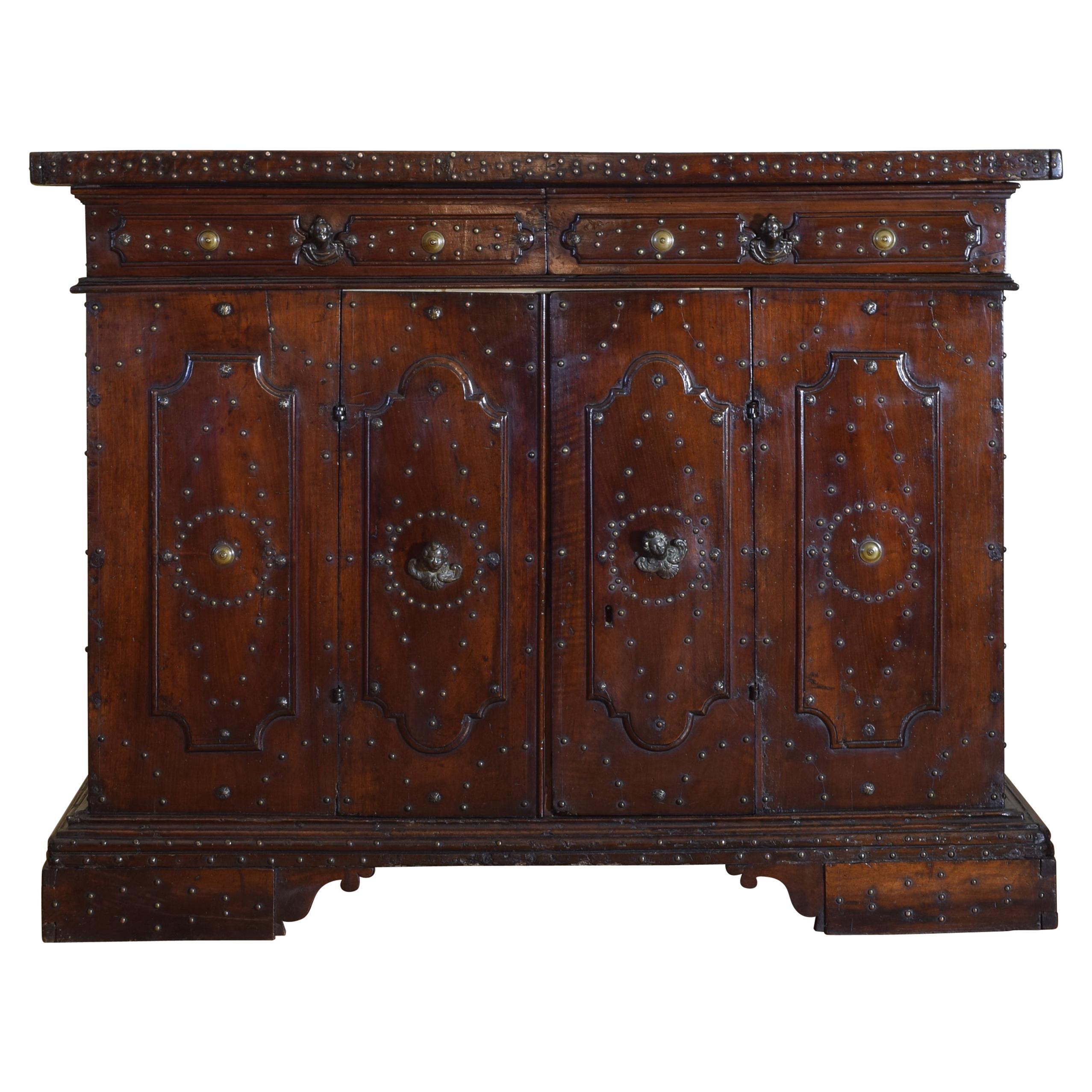 Italian Bologna, Baroque Period Walnut and Brass Decorated Credenza 17th Century