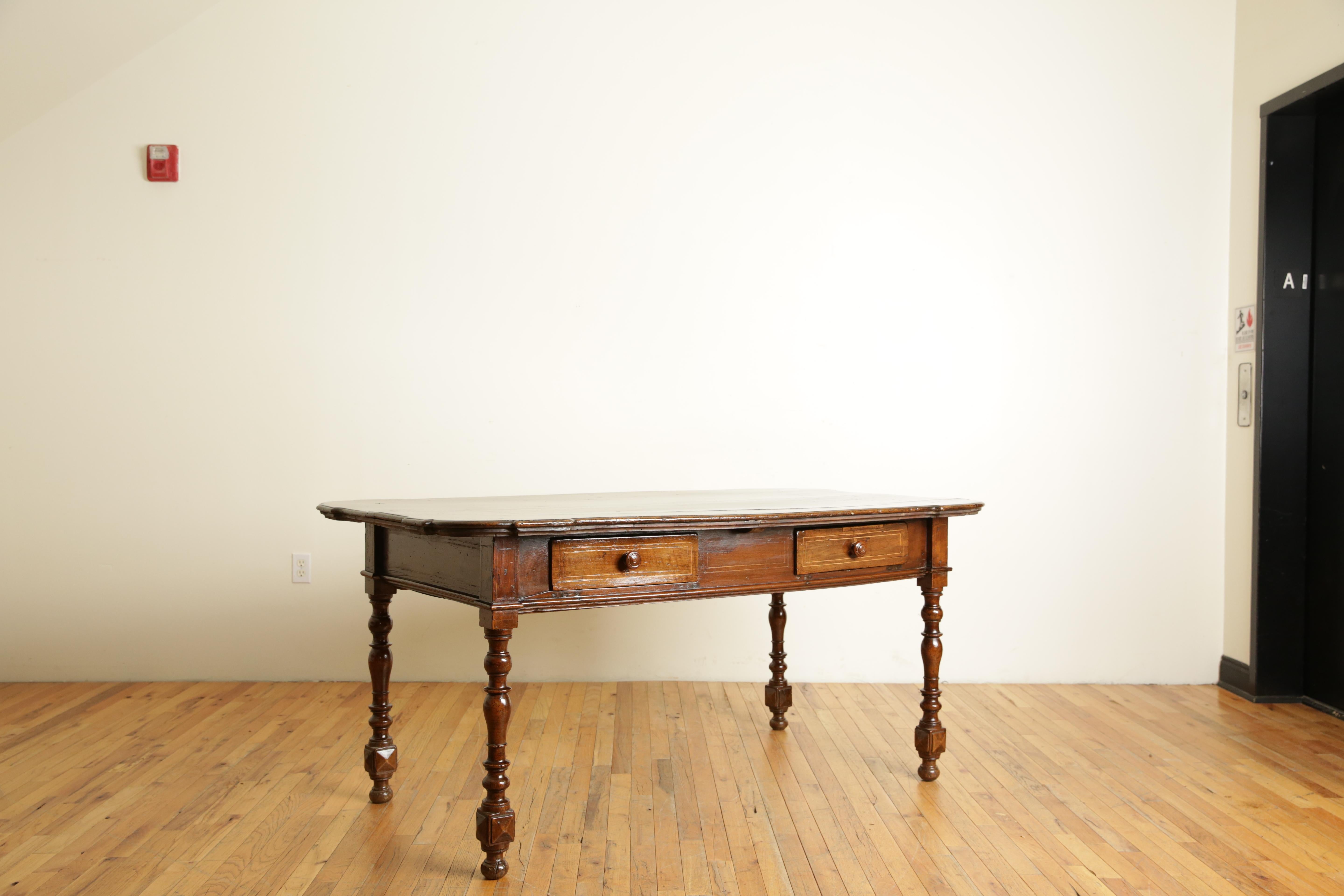 Louis XIV Italian, Bologna, LXIV Period Shaped Walnut & Inlaid 2-Drawer Table, ca. 1715 For Sale
