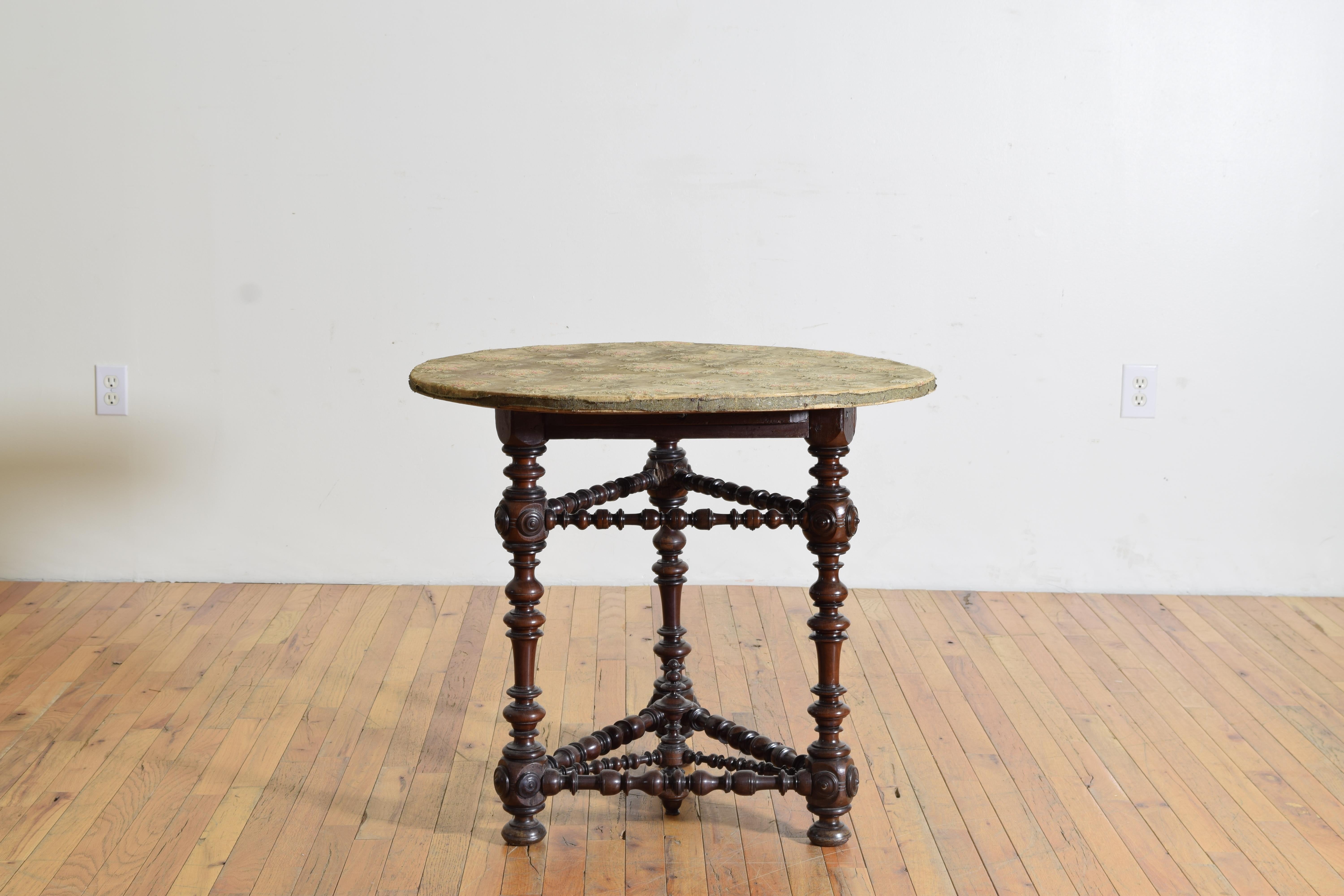 Louis XIV Italian, Bologna, Turned Walnut Center Table with Fabric Top, ca. 1700 For Sale