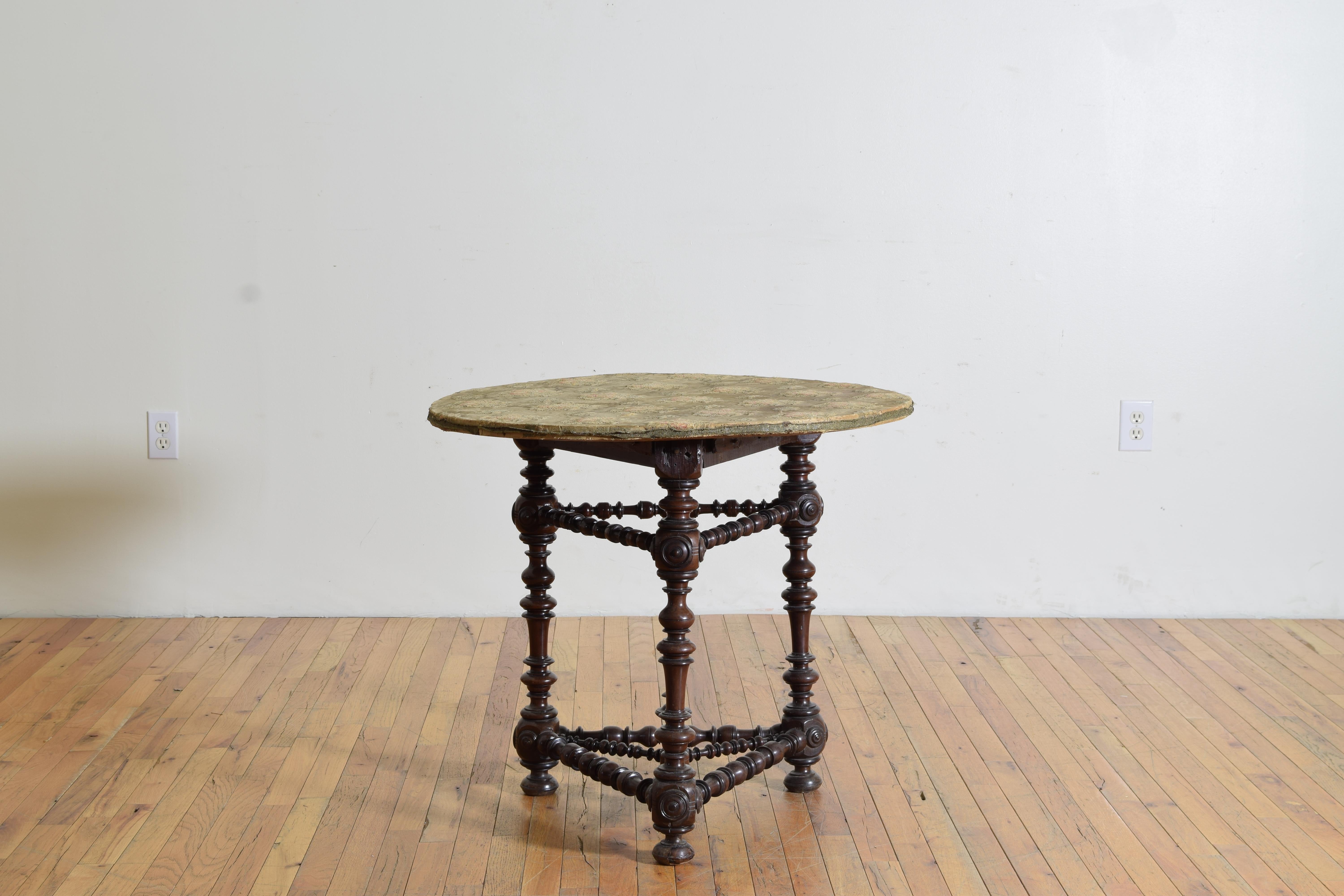 Italian, Bologna, Turned Walnut Center Table with Fabric Top, ca. 1700 In Good Condition For Sale In Atlanta, GA