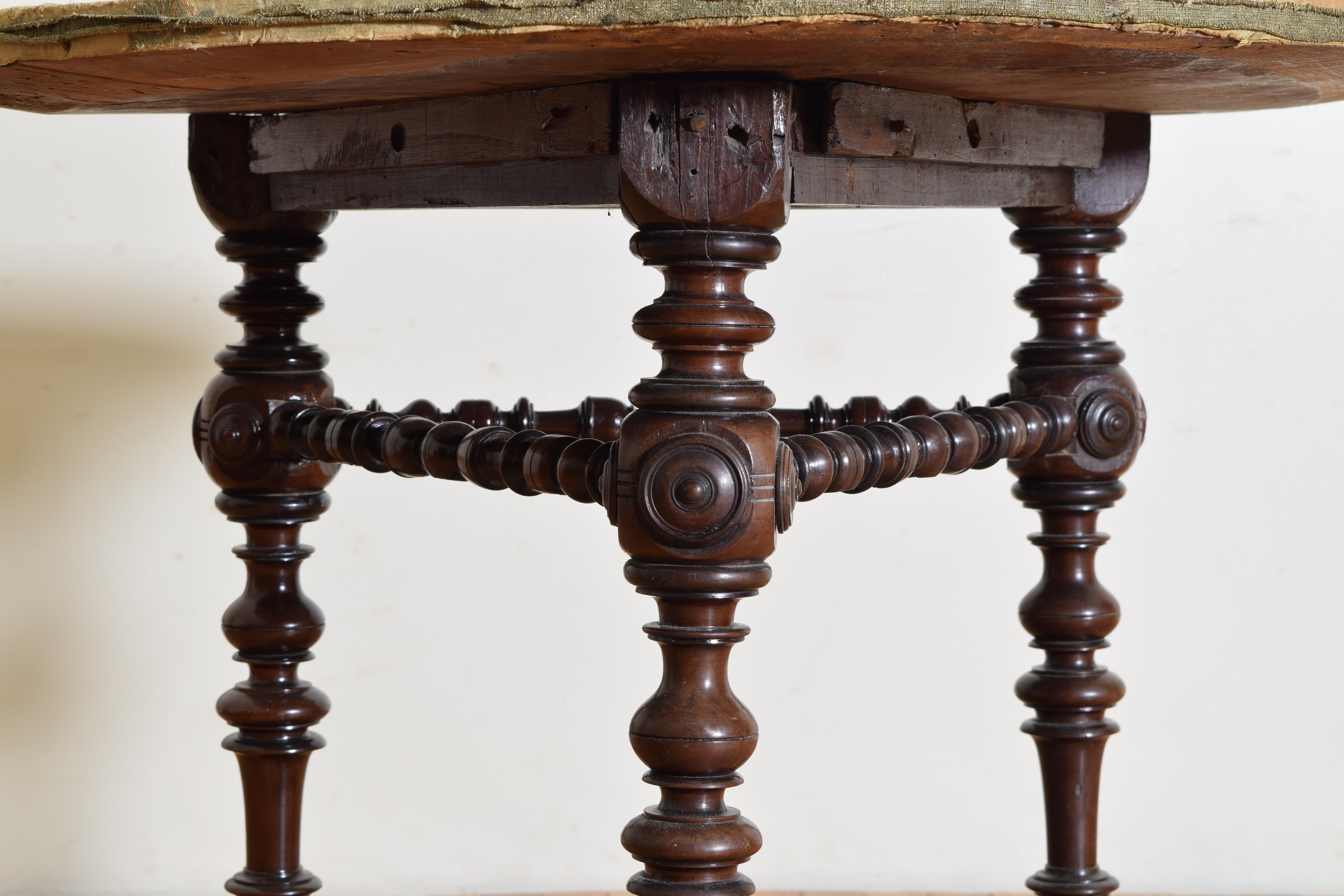 Early 18th Century Italian, Bologna, Turned Walnut Center Table with Fabric Top, ca. 1700 For Sale