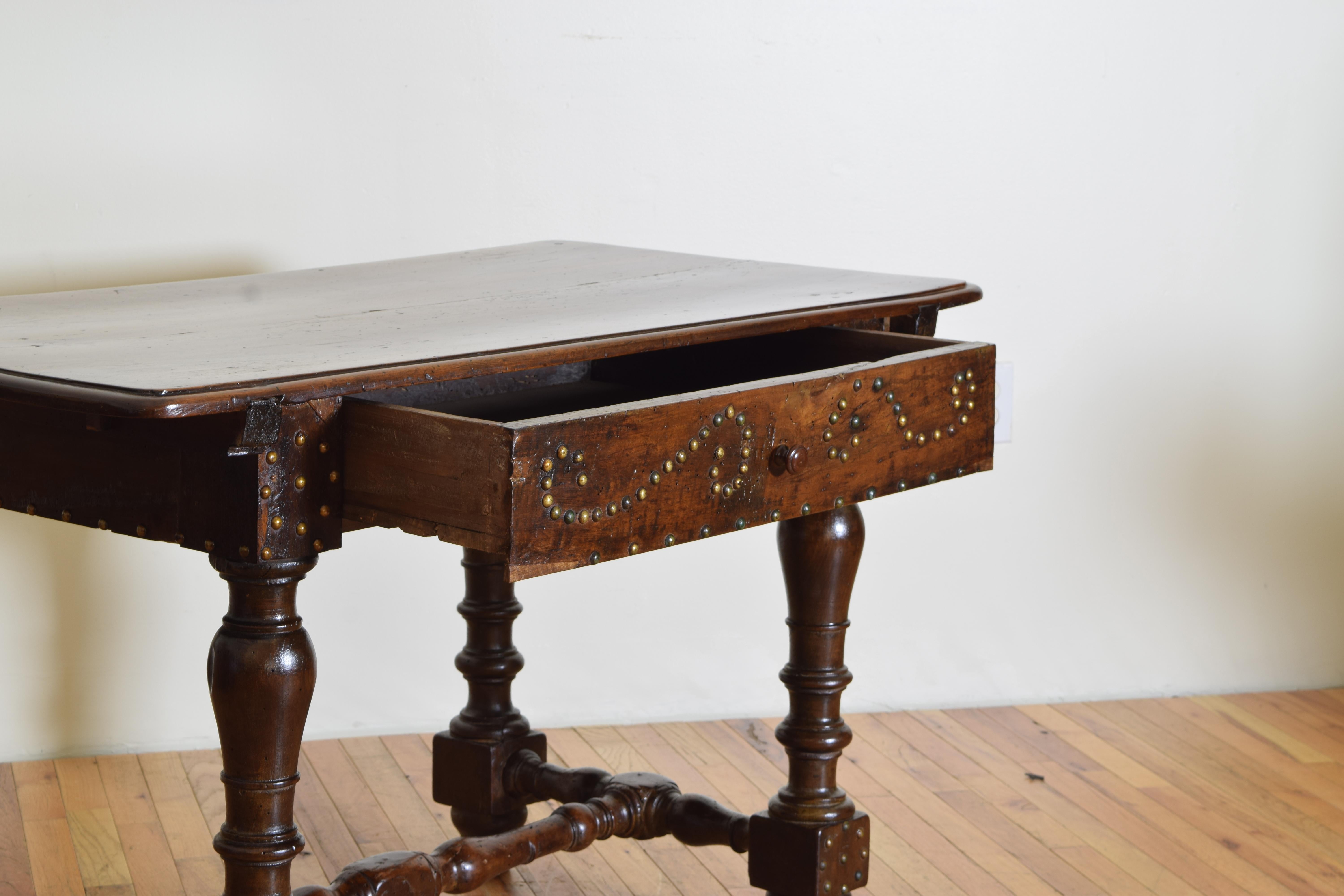 18th Century Italian, Bolognese, Late Baroque Walnut & Brass Mounted 1-Drawer Table, 18th Cen