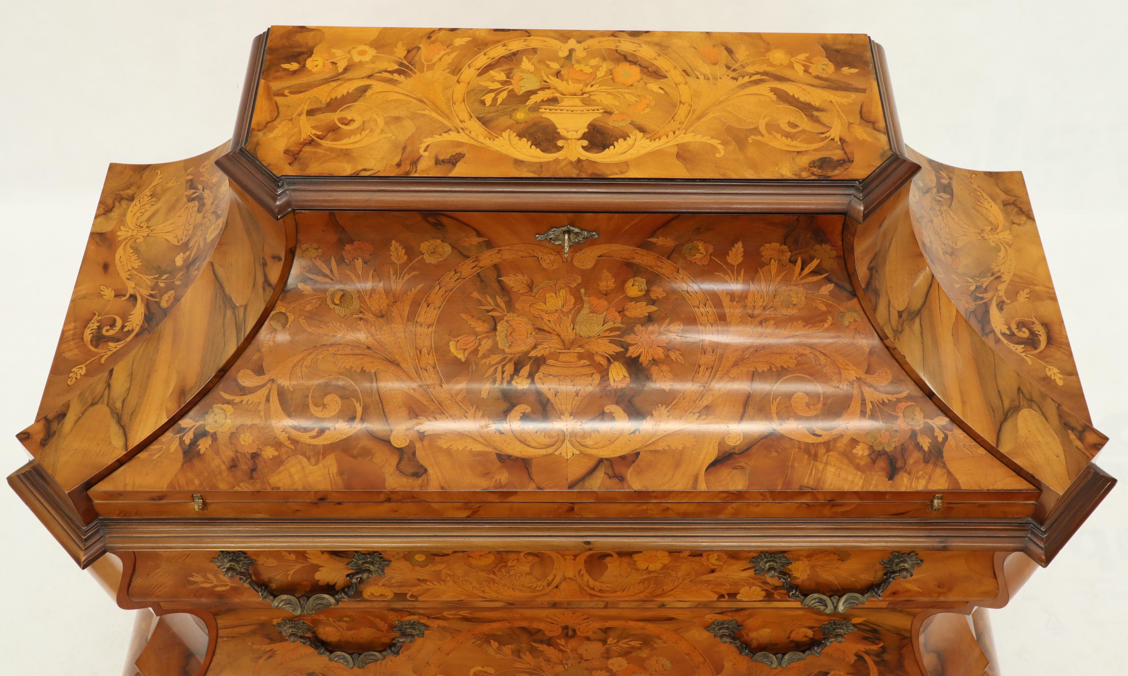 Italian Bombe Inlay Olive Wood Dresser Drop Front Jewerly Compartment Secretary For Sale 4