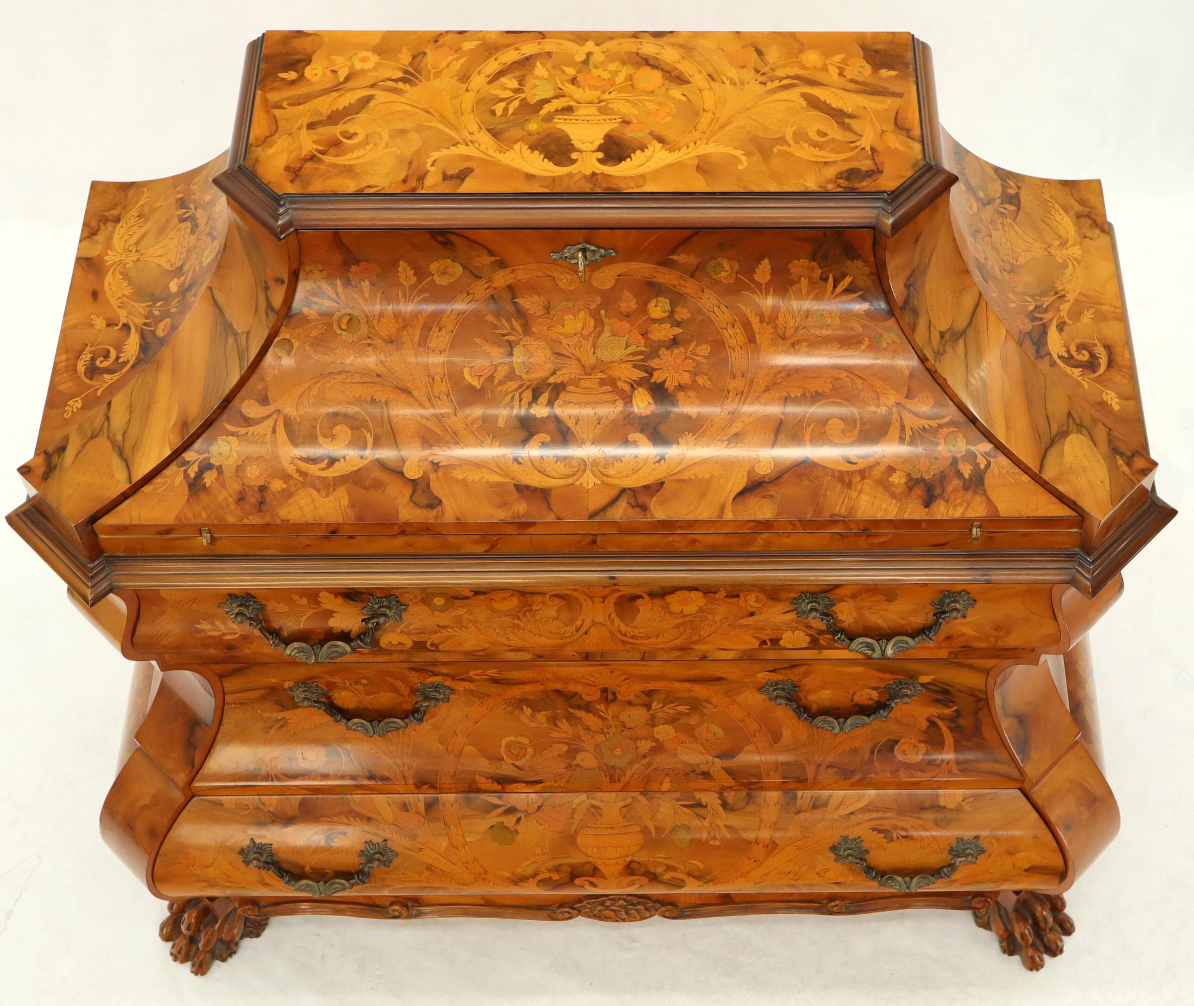 Baroque Revival Italian Bombe Inlay Olive Wood Dresser Drop Front Jewerly Compartment Secretary For Sale