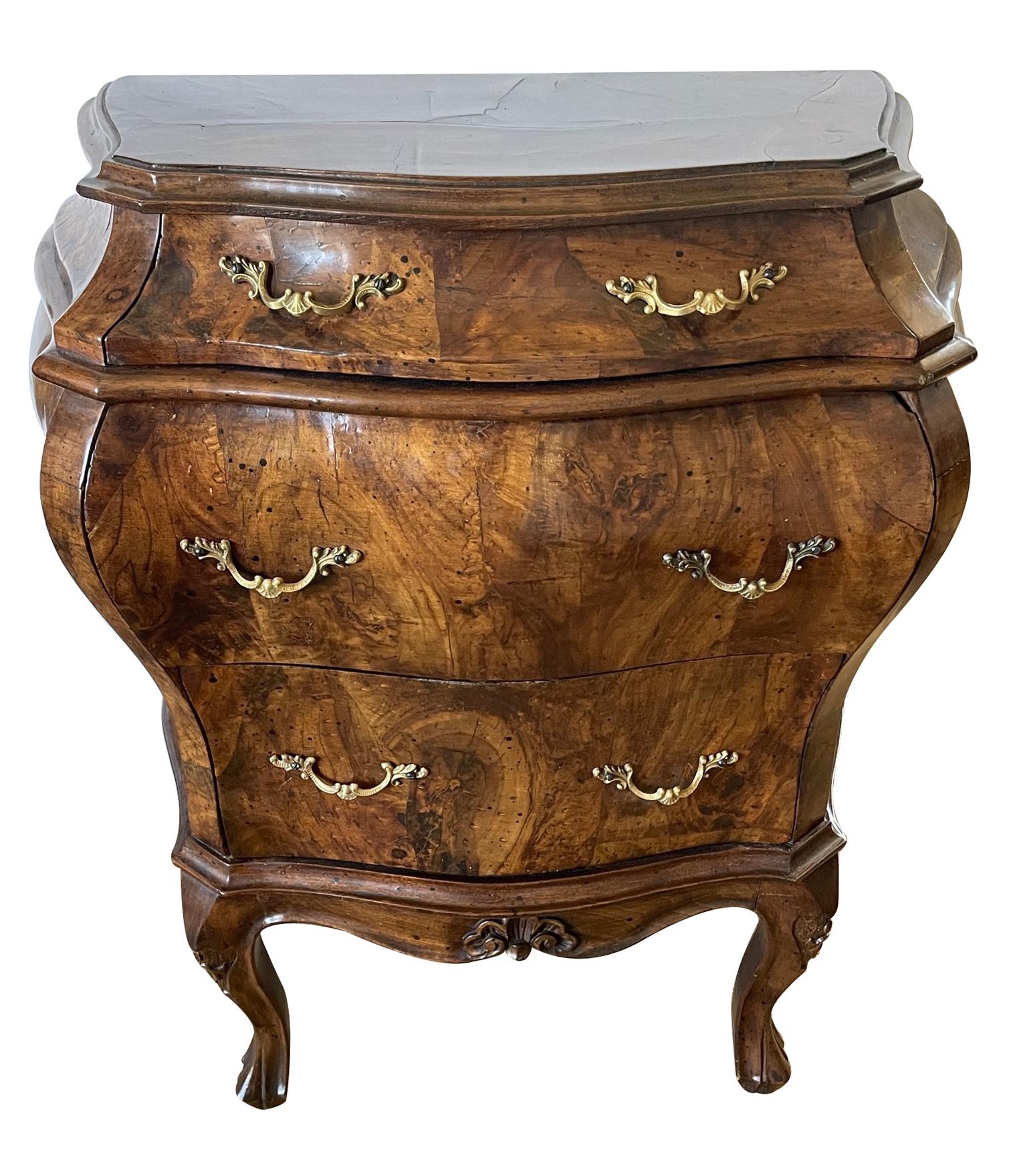 Rococo Revival Italian Bombe Walnut-Veneered Bedside Chests Possibly by Poltromieri Rolando