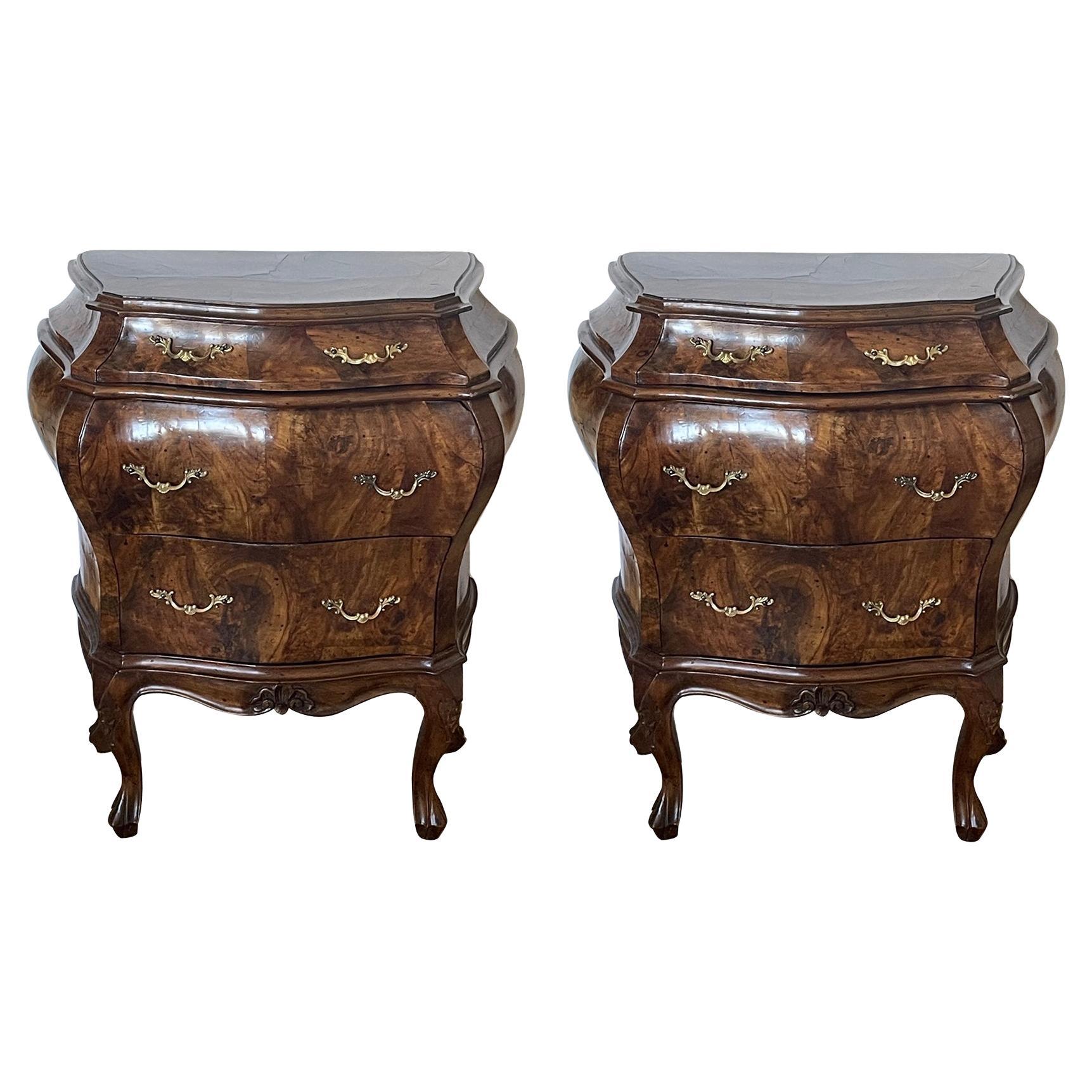 Italian Bombe Walnut-Veneered Bedside Chests Possibly by Poltromieri Rolando