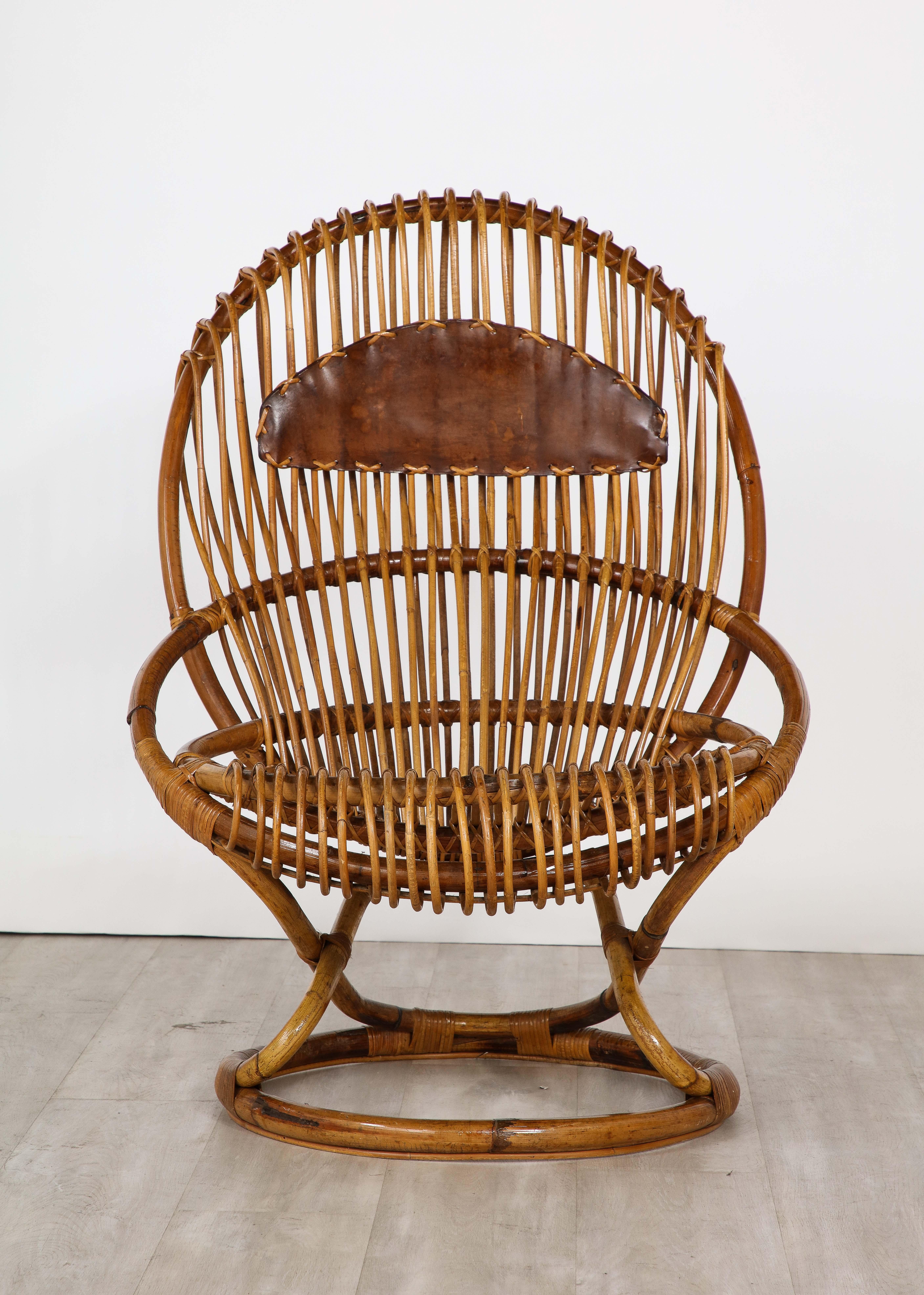 Italian Bonacina Rattan and Leather Lounge Chair by Tito Agnoli, Circa 1950 For Sale 13