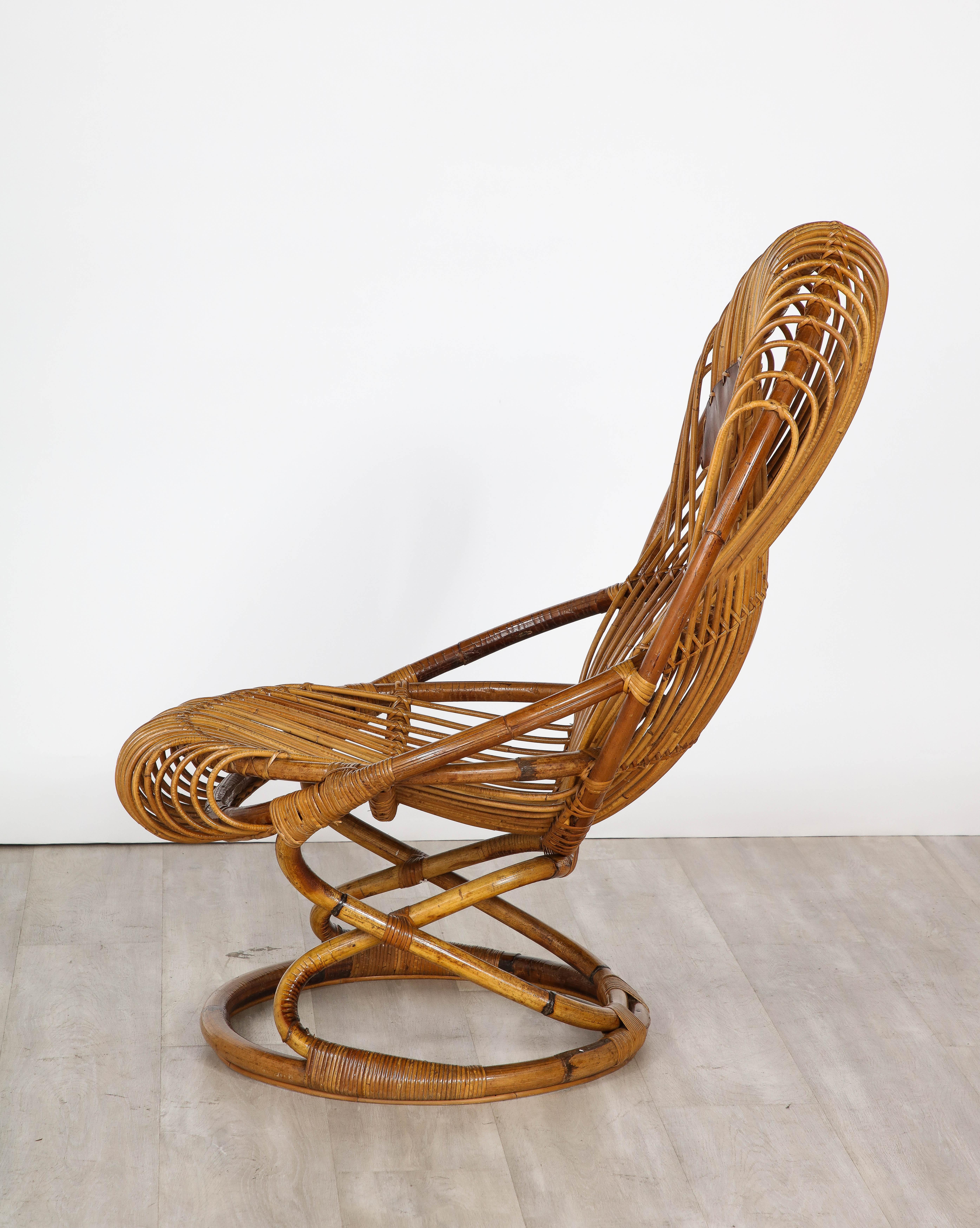 Italian Bonacina Rattan and Leather Lounge Chair by Tito Agnoli, Circa 1950 For Sale 2