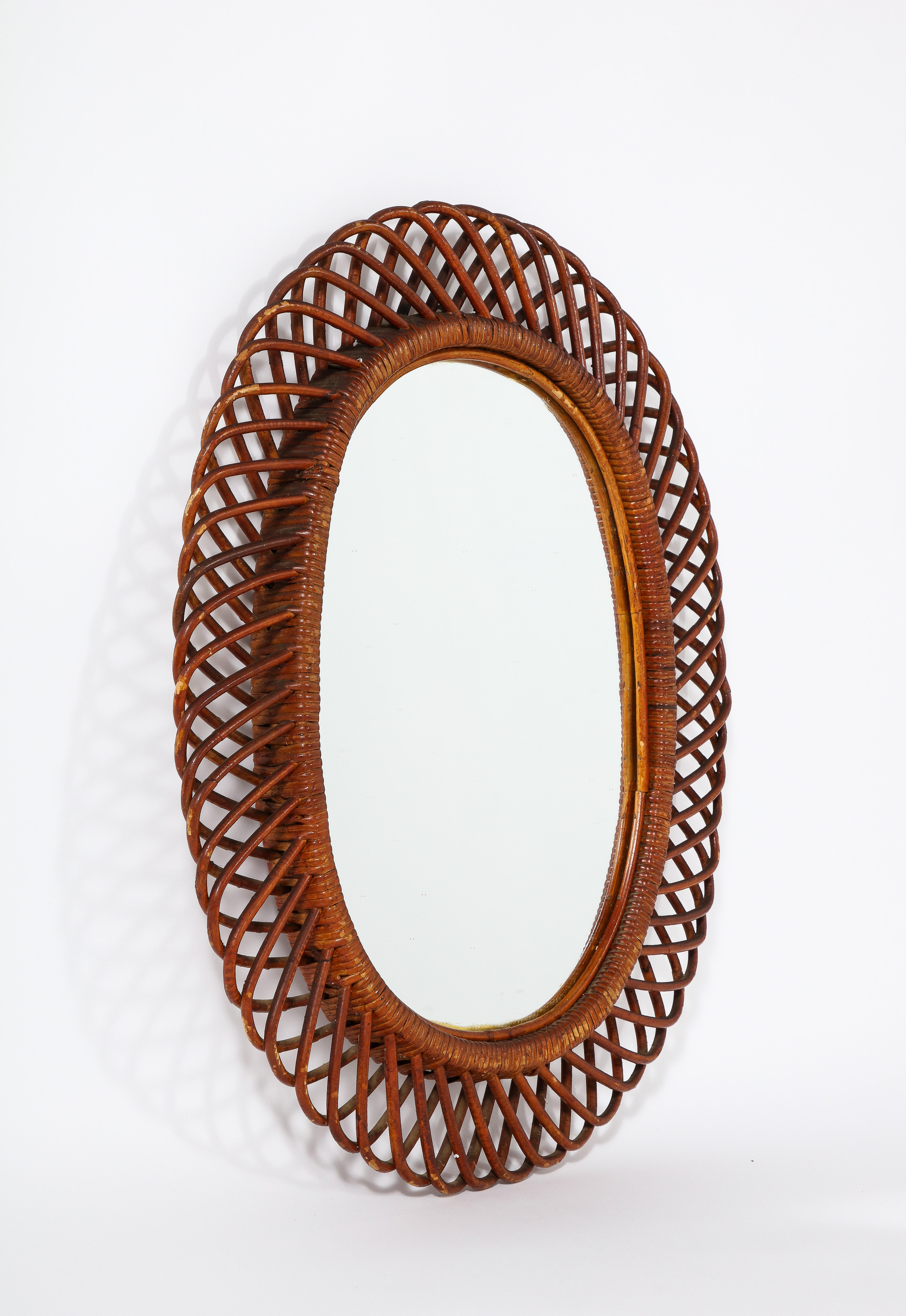 Mid-Century Modern Italian Bonacina Bamboo Oval Mirror, circa 1950 For Sale