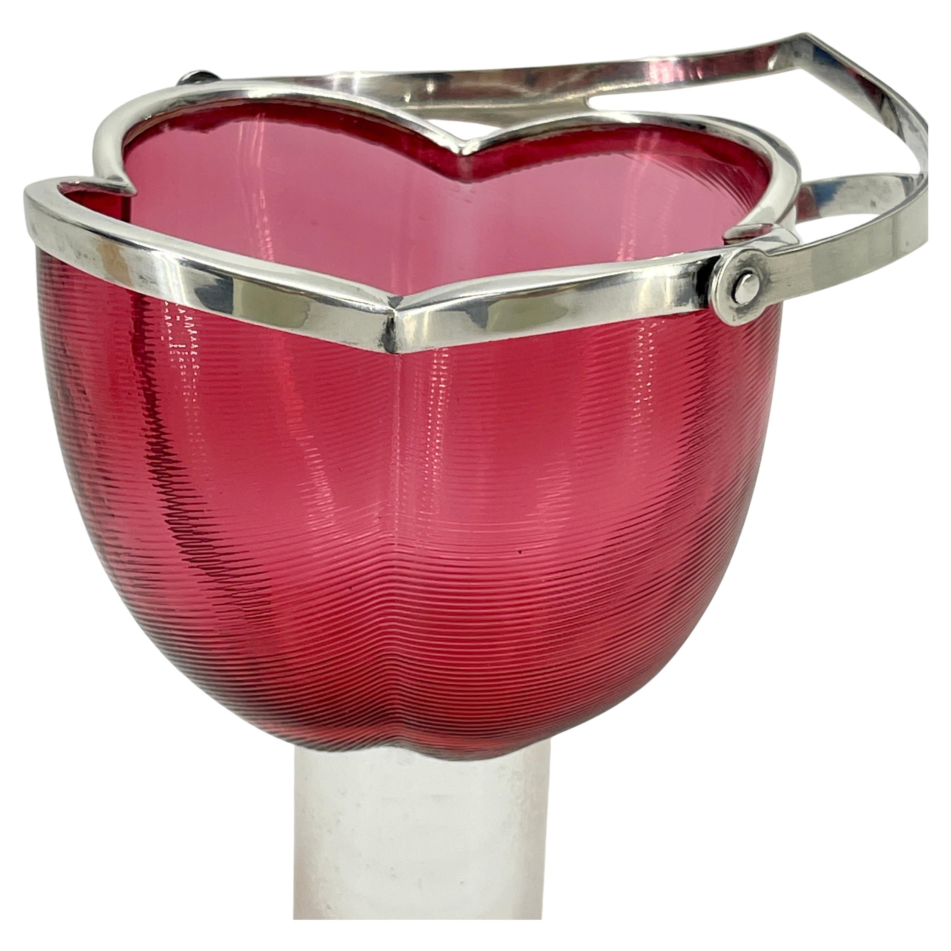 Italian Bonbonniere in Red Art Glass Bowl with English Silver Mounting