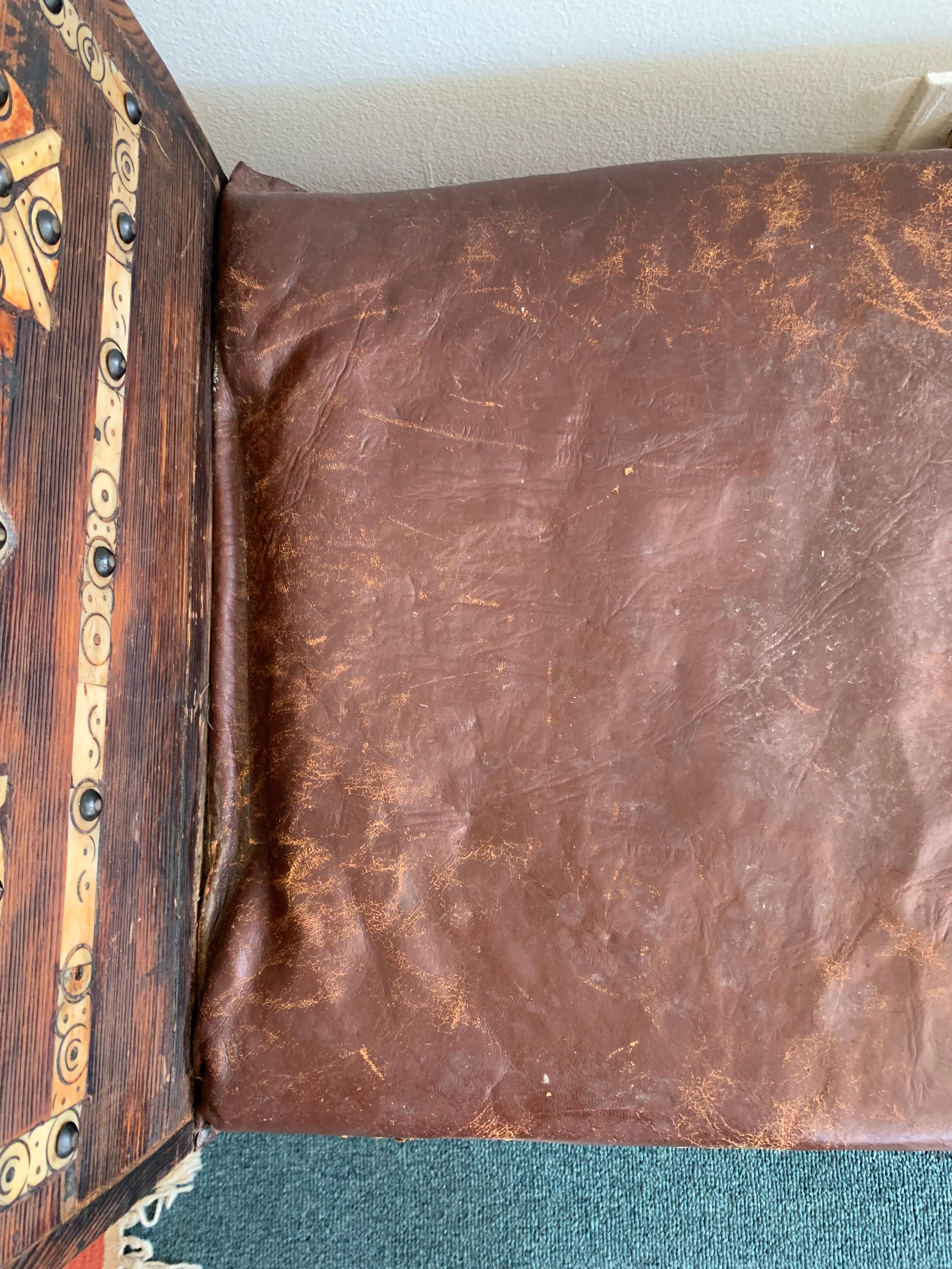 Italian Bone Inlay and Leather Bench Settee Made in Italy In Good Condition In West Hartford, CT