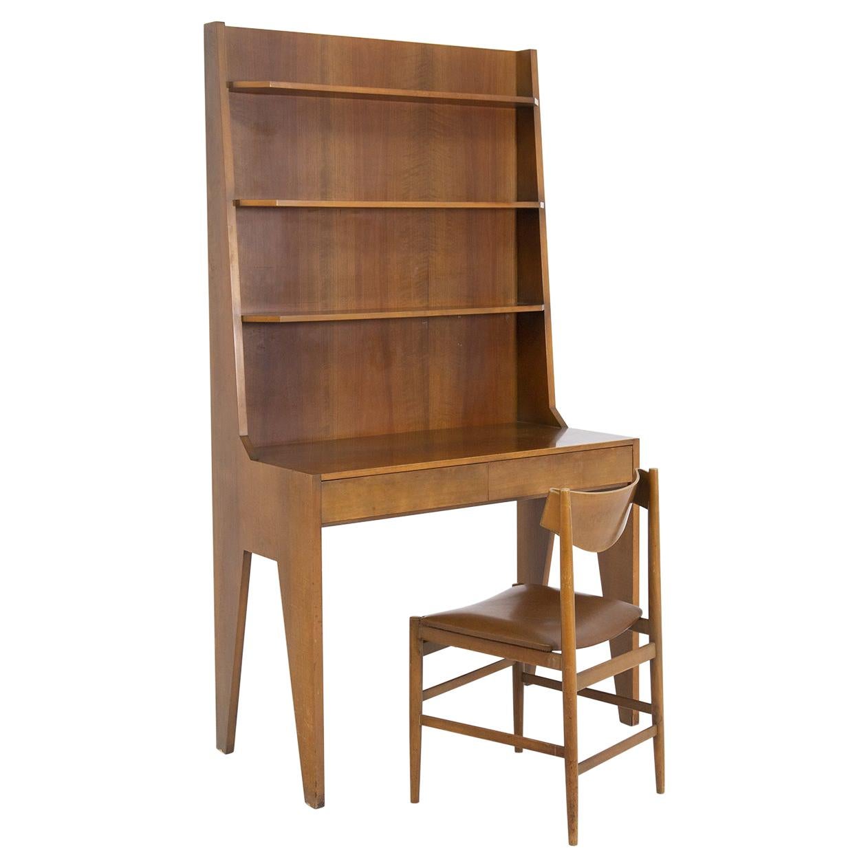 Italian Bookcase Desk with Wooden Chair, Original Condition at 1stDibs