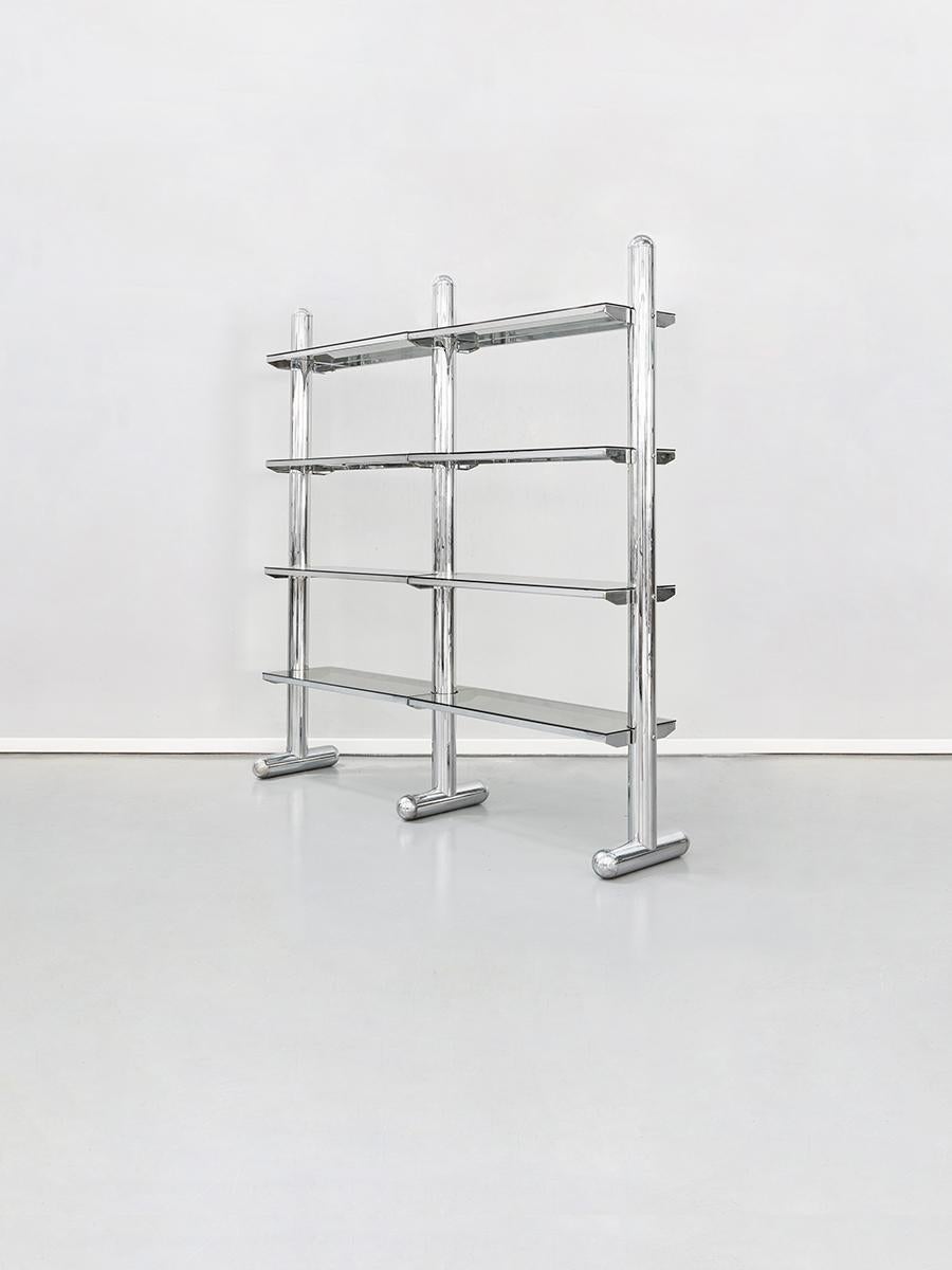 Mid-Century Modern Italian Bookcase Form Metal Arte Roma in Chromed Steel and Glass