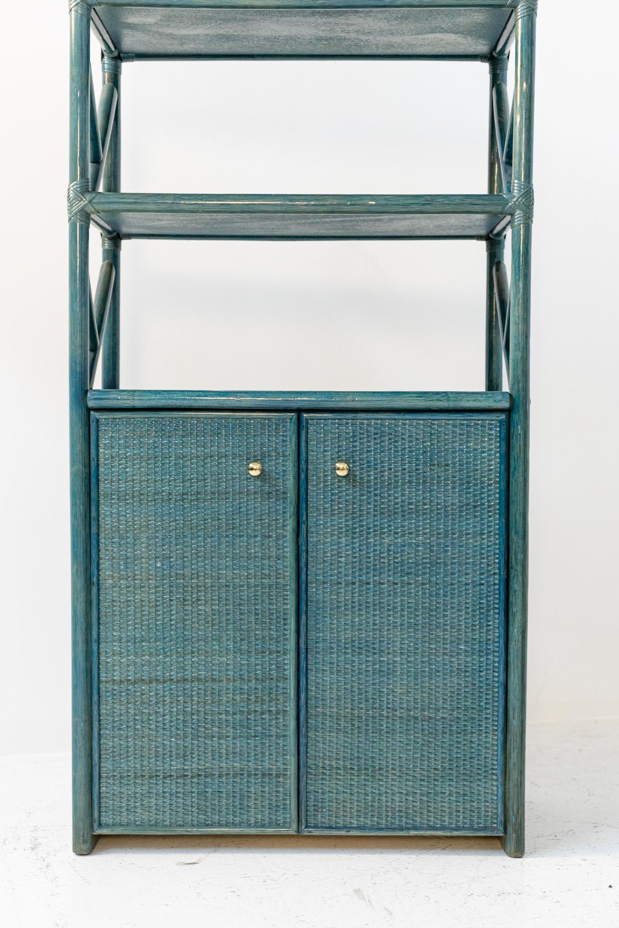 Italian Bookcase in Blue Lacquered Bamboo, Rattan and Brass 5