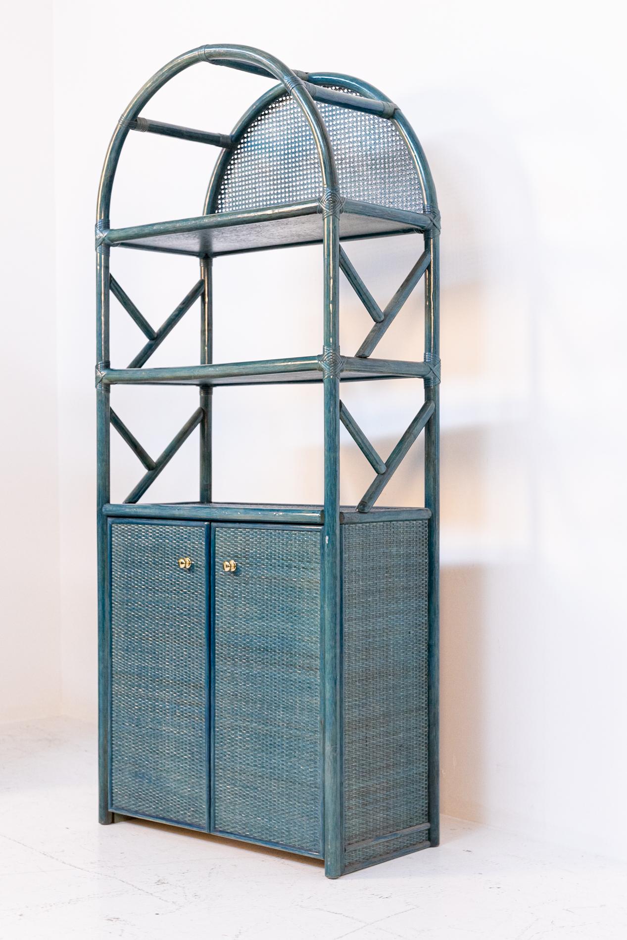 Italian Bookcase in Blue Lacquered Bamboo, Rattan and Brass 6