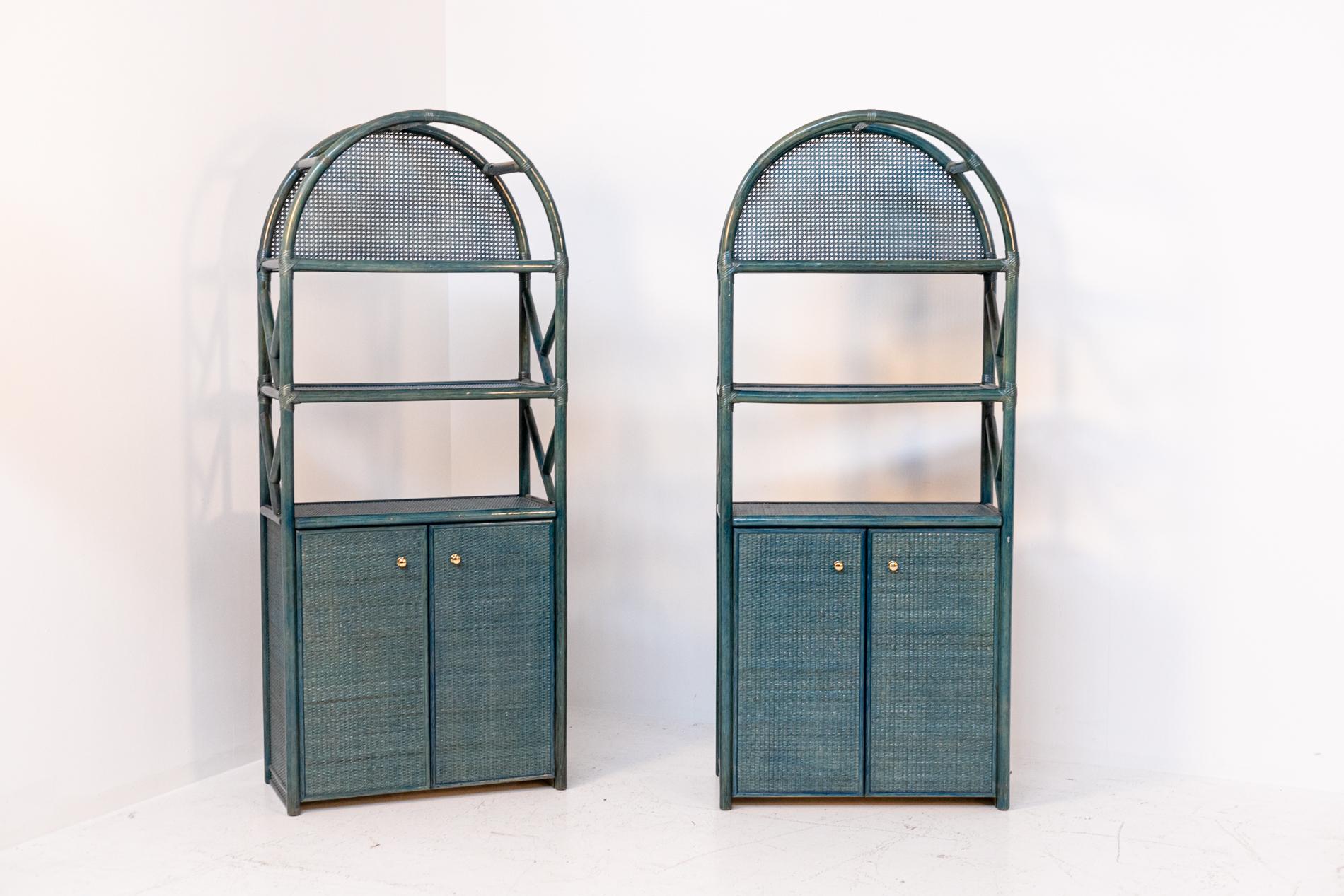Italian Bookcase in Blue Lacquered Bamboo, Rattan and Brass 7