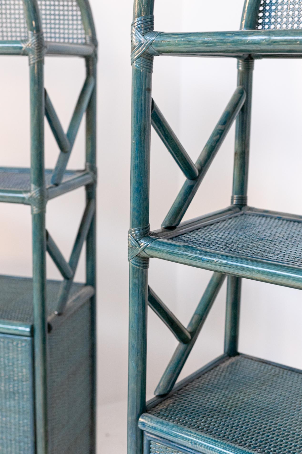 Italian Bookcase in Blue Lacquered Bamboo, Rattan and Brass 9