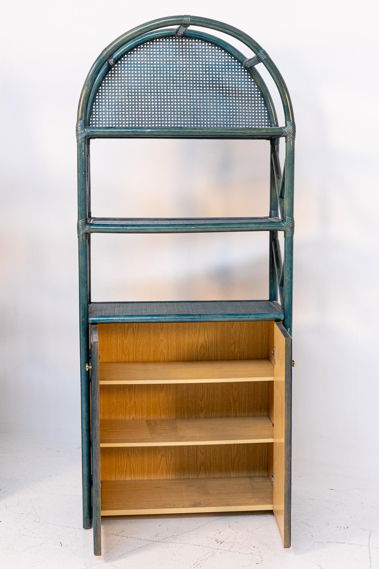 Italian Bookcase in Blue Lacquered Bamboo, Rattan and Brass 11