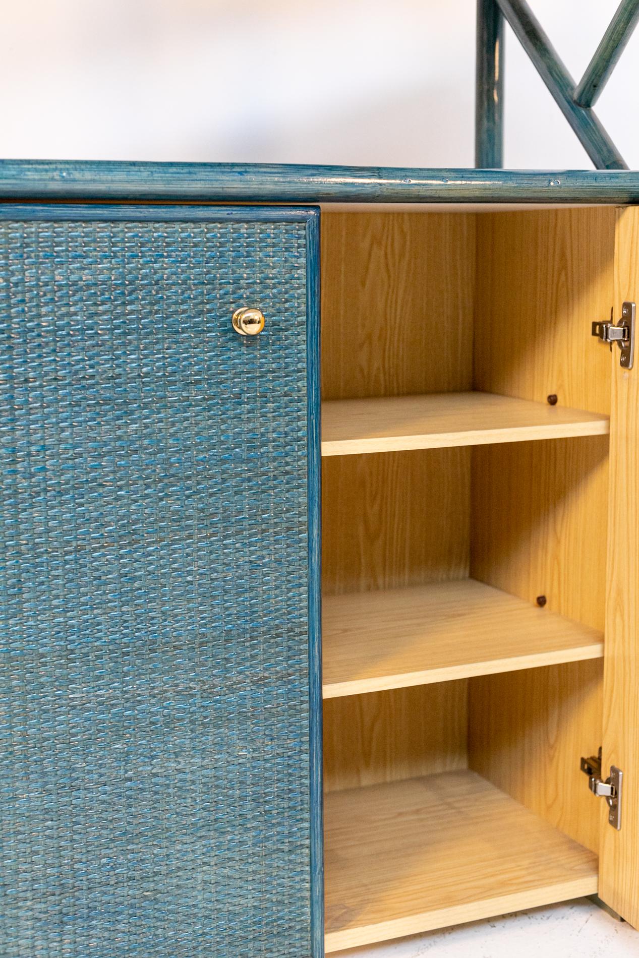 Italian Bookcase in Blue Lacquered Bamboo, Rattan and Brass 12