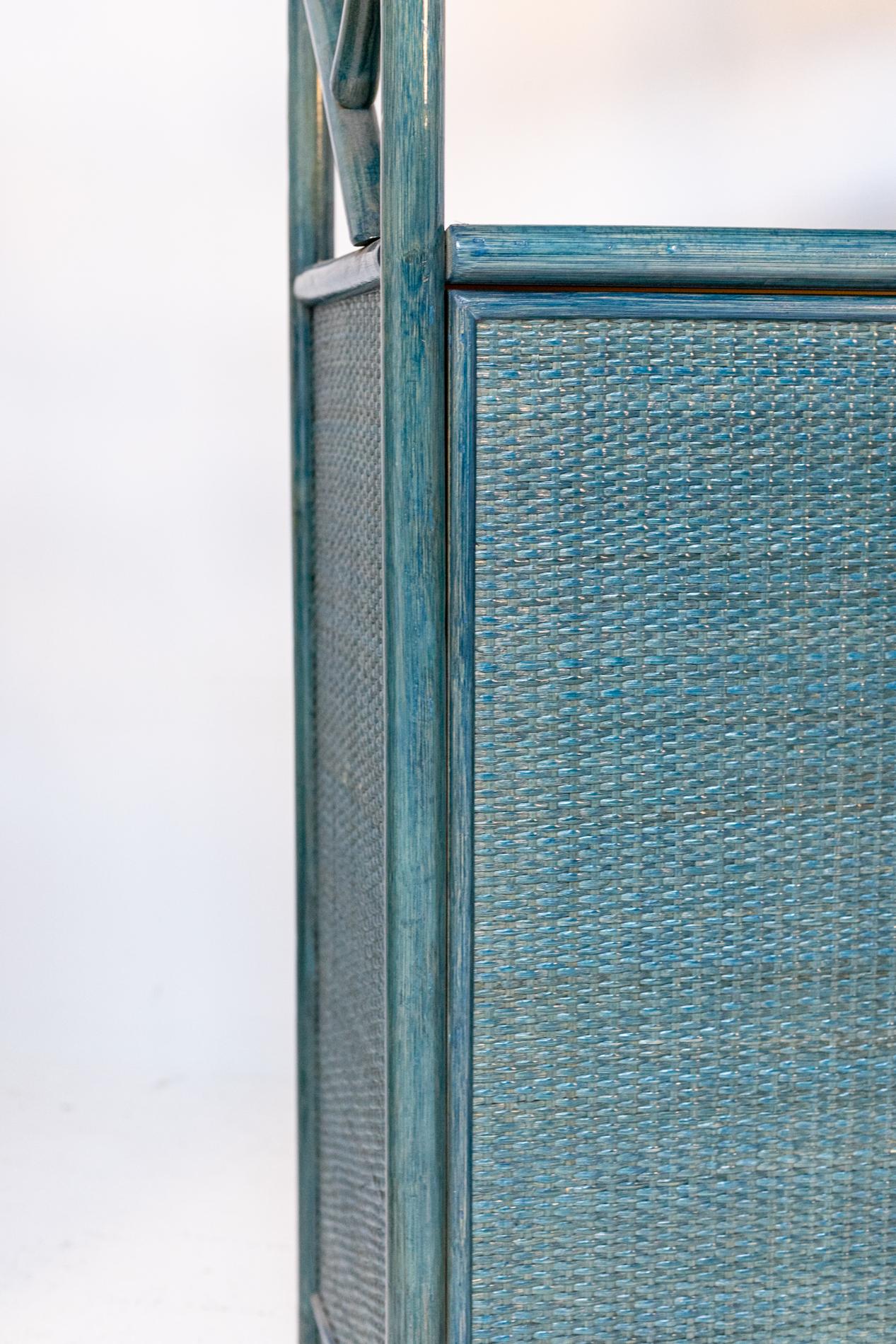Italian Bookcase in Blue Lacquered Bamboo, Rattan and Brass 13
