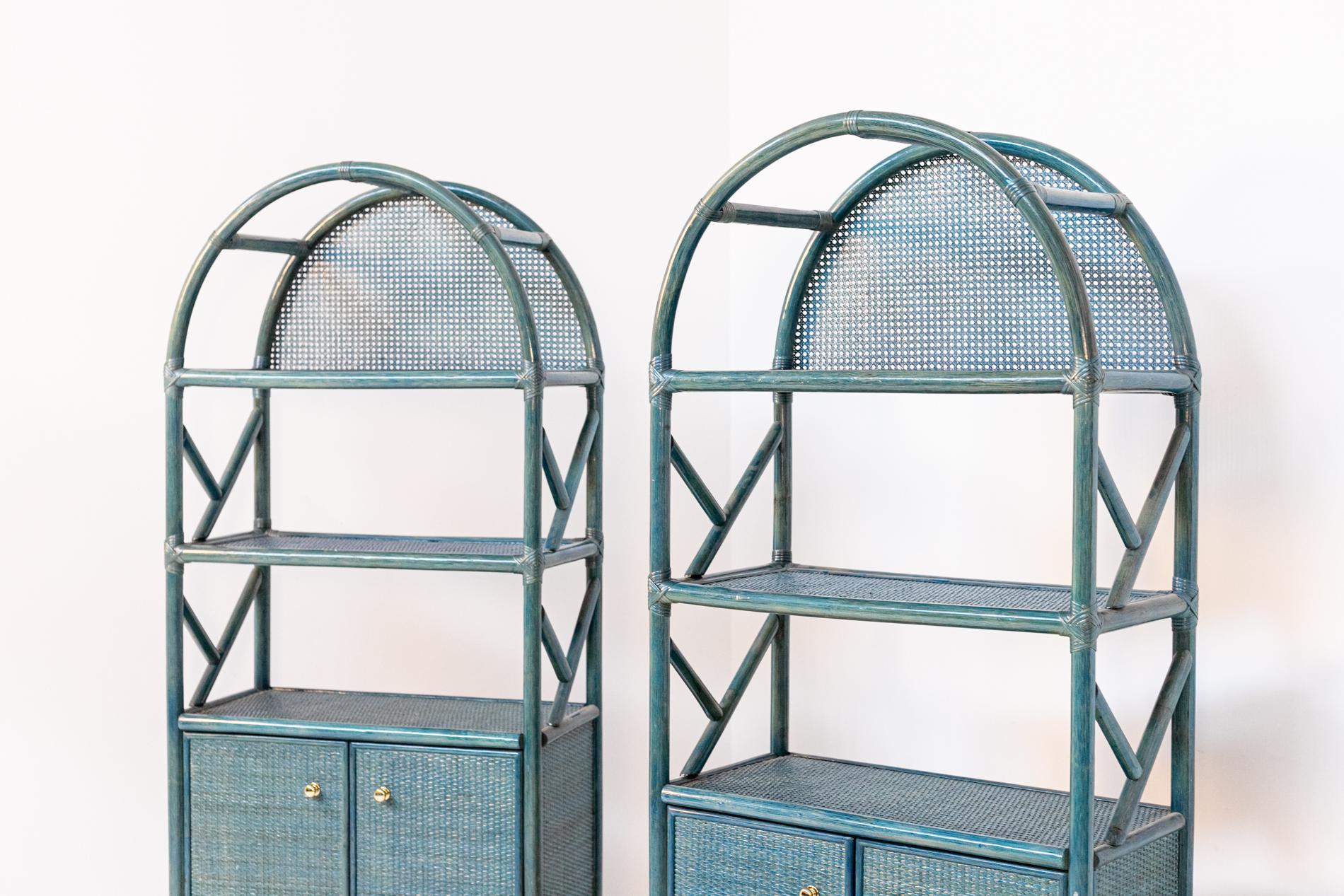 Italian Bookcase in Blue Lacquered Bamboo, Rattan and Brass 14