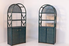 Italian Bookcase in Blue Lacquered Bamboo, Rattan and Brass