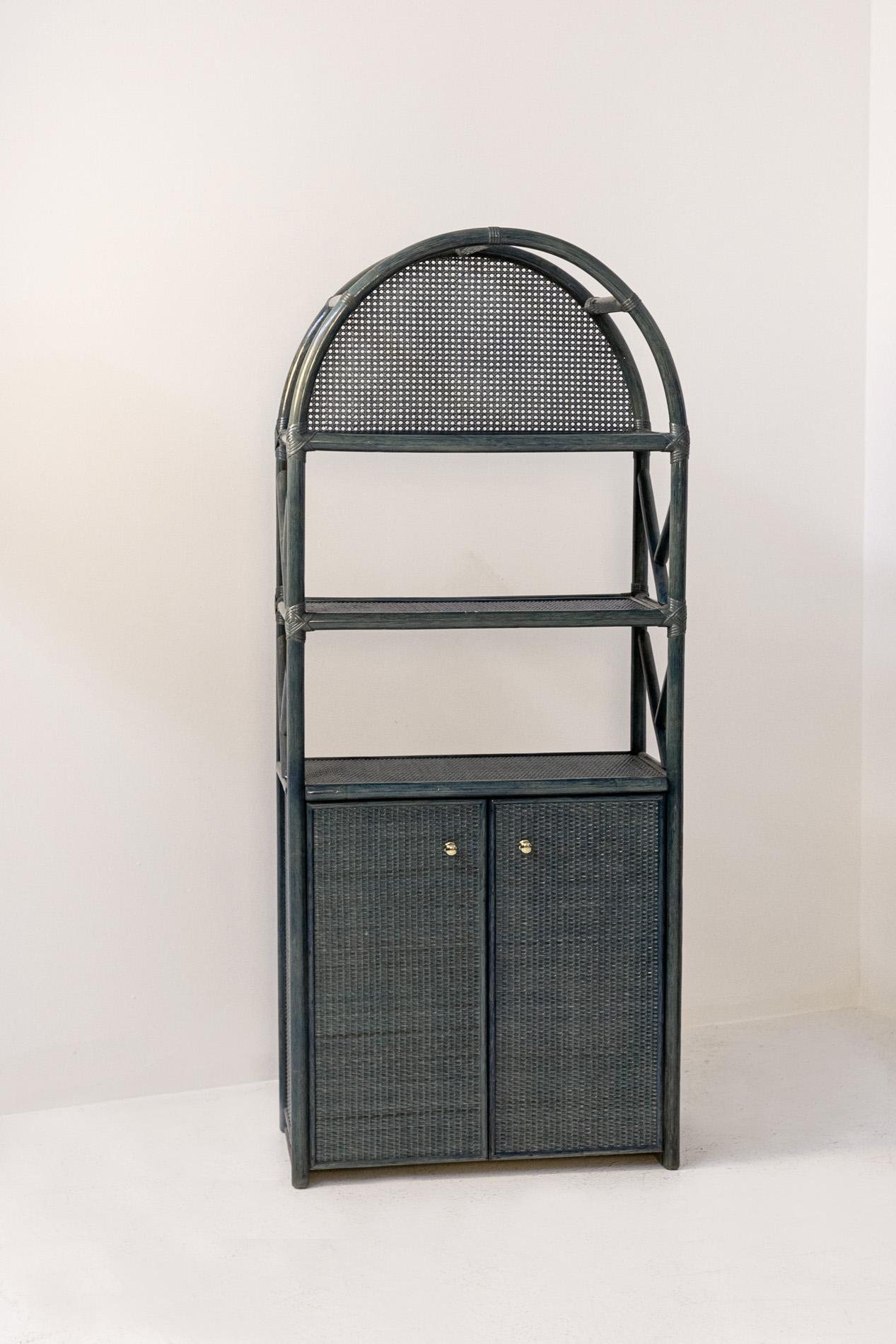 Post-Modern Italian Bookcase in Blue Lacquered Bamboo, Rattan and Brass