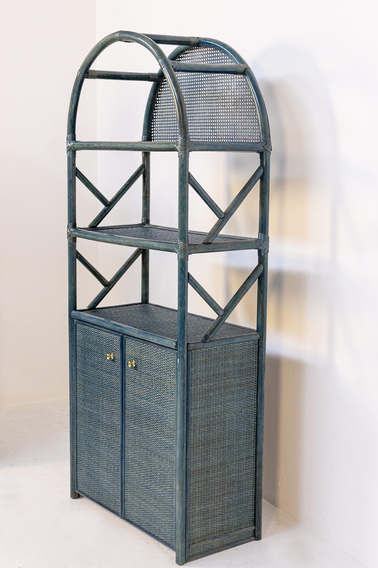 Late 20th Century Italian Bookcase in Blue Lacquered Bamboo, Rattan and Brass