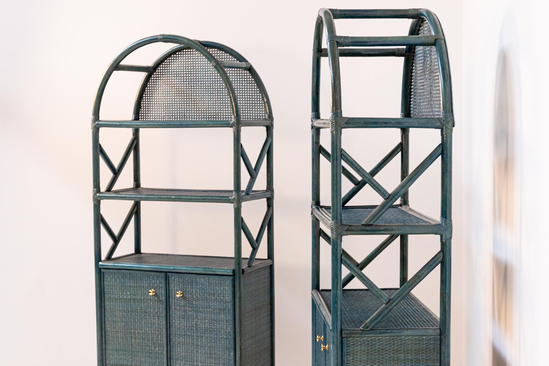 Italian Bookcase in Blue Lacquered Bamboo, Rattan and Brass 1