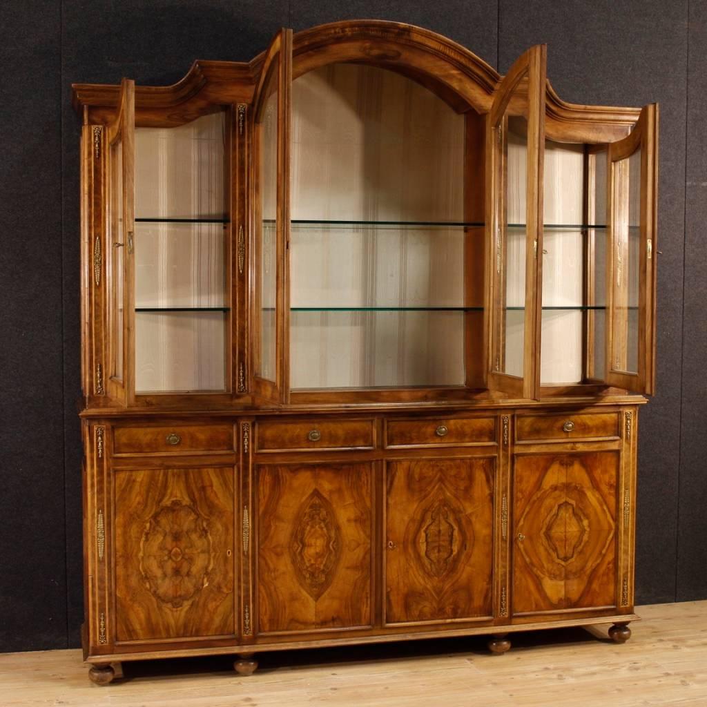 Glass Italian Bookcase in Walnut and Burl Wood from 20th Century