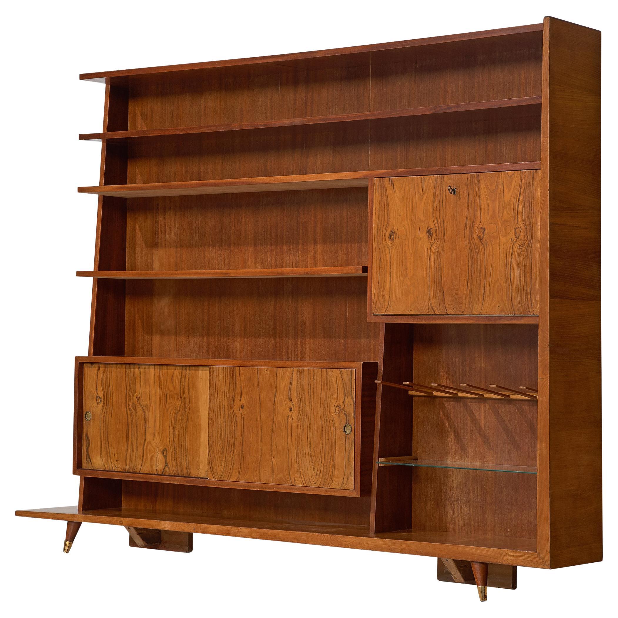 Italian Bookcase in Walnut and Oak  For Sale