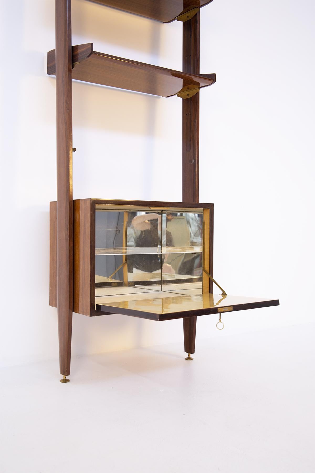 Italian Bookcase in Wood and Brass with Bar Cabinet 7
